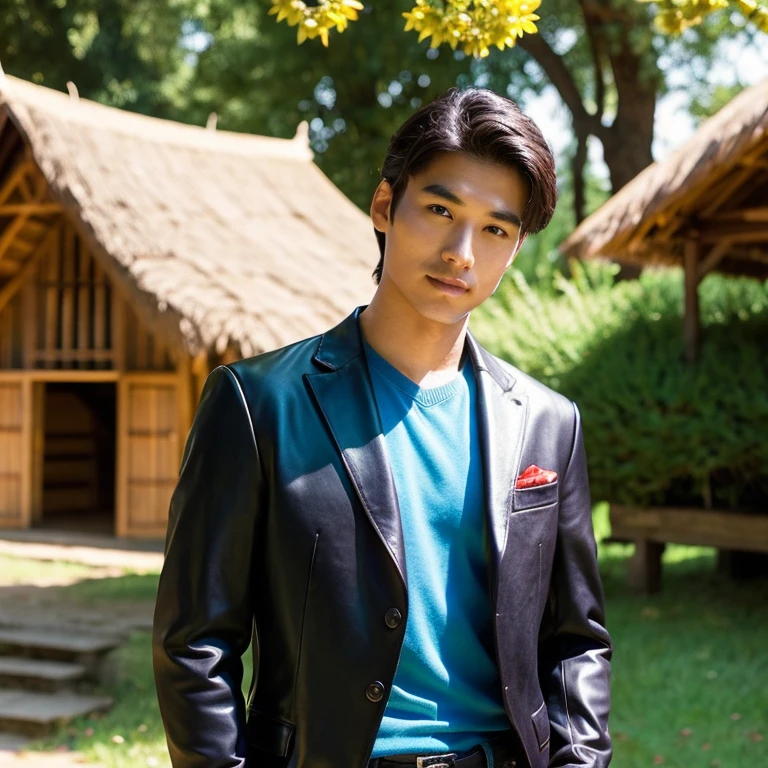 Young Asian man, 25 years old, His long hair flowed up.,) Looking straight ahead,)) black leather suit Shiny modern black leather suit,) very handsome,) ,Jeans) outdoors in the countryside Old and worn thatched hut, with red flowers,) best quality, 10, height:1.2), 8K Special Details, (realistic:1.37), Portrait, Full body, Posing from different angles,, bright colors, Warm light, shot with a high quality camera 45,000,000,000,Pixels, Realistic light colors,