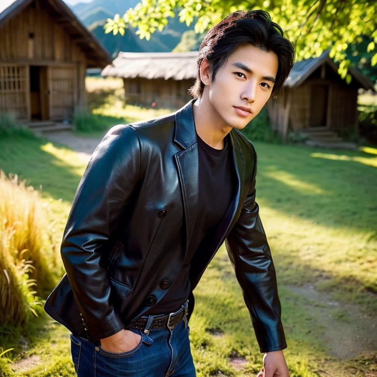 Young Asian man, 25 years old, His long hair flowed up.,) Looking straight ahead,)) Shiny modern black leather suit,) very handsome,) ,Jeans) outdoors in the countryside Old and worn thatched hut, with red flowers,) best quality, 10, height:1.2), 8K Special Details, (realistic:1.37), Portrait, Full body, Posing from different angles,, bright colors, Warm light, shot with a high quality camera 45,000,000,000,Pixels, Realistic light colors,
