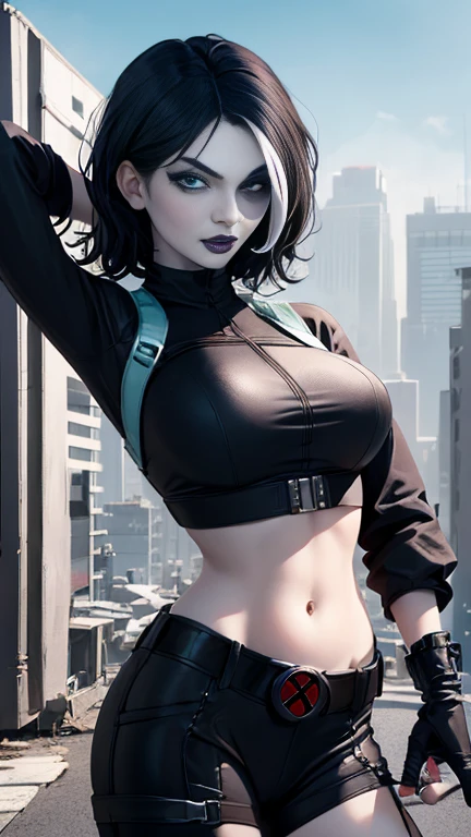 (Highly quality, masterpiece, detailed), city detailed scenario, city detailed background, solo, 1 woman, black hair, white hair, marveldomino, colored skin, makeup, leather cropped top, sleeves, gloves, belt, bellybutton piercing, bite her lips, blue eyes beautiful eyes, look at the viewer, Sexy pose 