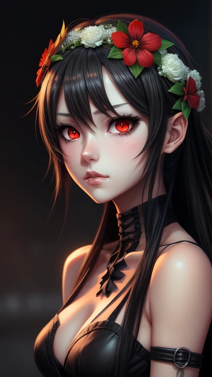 anime girl with black hair and red eyes wearing a flower crown, artwork in the style of guweiz, guweiz, detailed portrait of anime girl, Beautiful anime portrait, demon anime girl, detailed digital anime art, portrait of an anime girl, gothic maiden anime girl, made with anime painter studio, stunning anime face portrait, beautiful anime girl