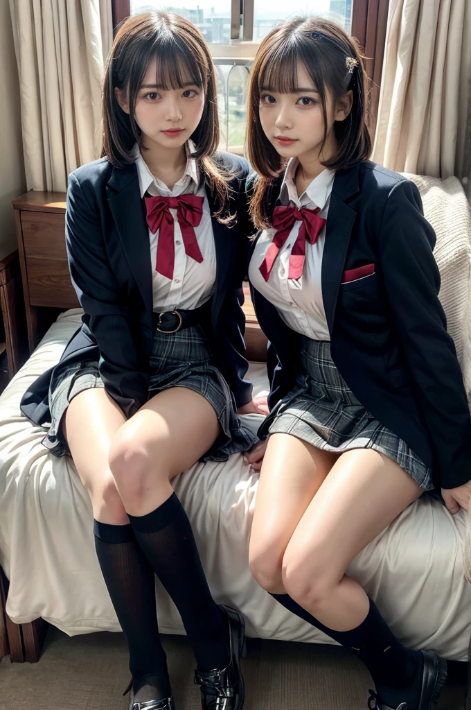 muster piece, best quality, illustration, Super detailed, fine details, High resolution, 8K,wall paper, perfect dynamic composition,(Details High quality, realistic depiction of eyes:1.3), ((2 girls, 2 schoolgirls)), The background is a luxury hotel room、High school girl uniform、blazer 、Super Short Check Uniform Skirt、Navy blue high socks、garterbelts、Colossal tits、Disturbed uniform, Play with each other,Touching each other's bodies,Touching the body of the girl next door, short bob hair, black hair color, huge breasts, Big Natural Color Lip, bold sexy pose, (perfect body shape), crying a little、cold gaze, Harajuku style、20 year old girl、 beautiful legs, hposing Gravure Idol, Voluptuous thighs