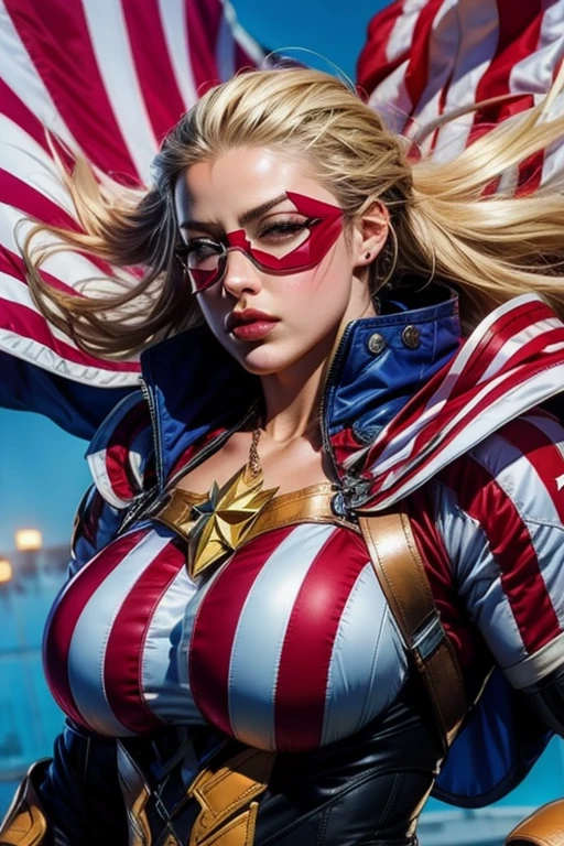 a woman in a patriotic outfit with a flag on her chest, extremely detailed artgerm, artgerm comic, trending artgerm, artgerm. high detail, artgerm 4 k, artgerm jsc, artgerm style, artgerm greg rutkowski _ greg, artgerm detailed, amber heard as captain america