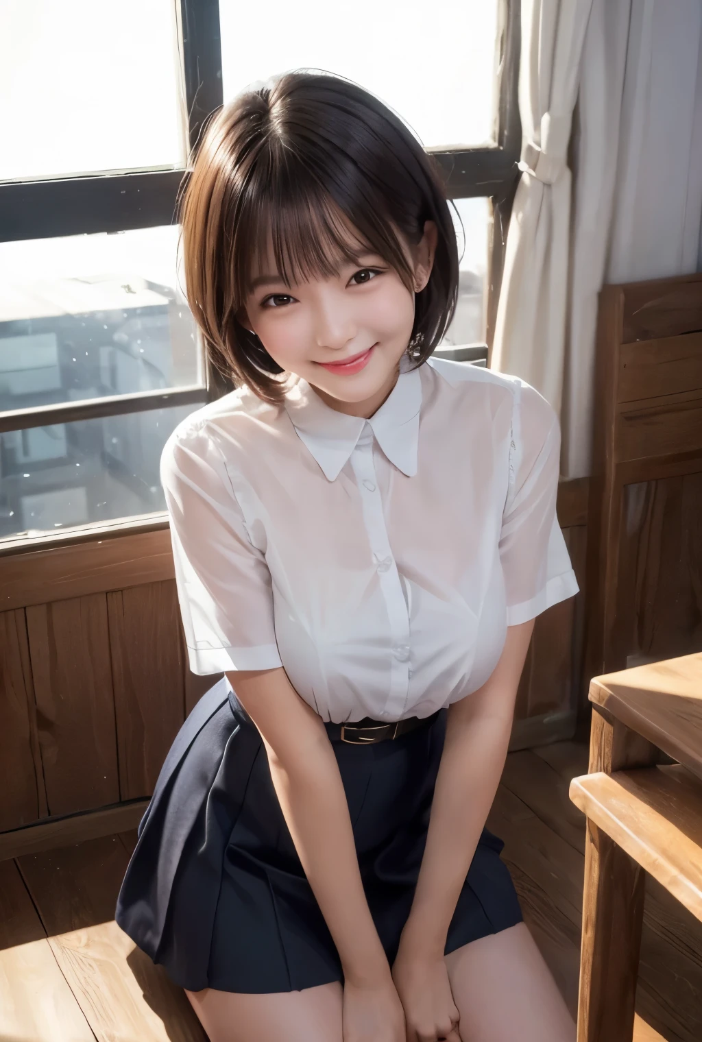 highest quality, masterpiece, Ultra-high resolution, (Reality: 1.4), Original photo, 1 woman, mature, happy smile, short hair, plump body, , Cinema Lighting, from below,
