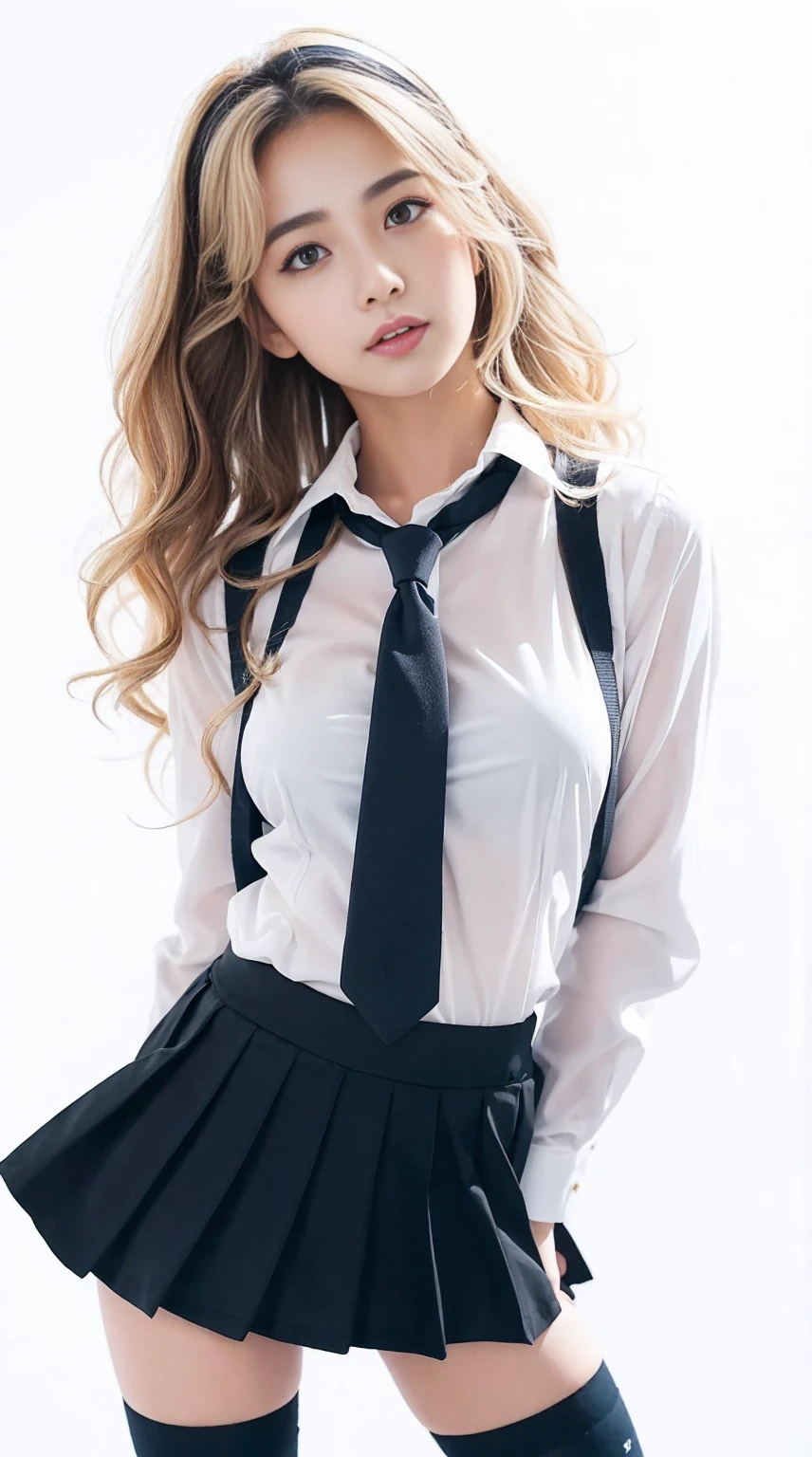 Woman in short skirt and tie, thighhighs and skirt, thong,(Cute Schoolgirl), (a hyper realistic schoolgirl) ,pierce , School Girl , wearing skirt and high socks, wearing skirt, Wearing white shirt ,side-strap thong white panties, High school girl posing, (white background:1.3),BREAK ,  1 girl, solo, show skin, cleavage ,extremely beautiful lady (skirt lift:1.4),(looking up at viewer:1.2), busty, intricate details, athletic and fit body, naughty, slutty, perfect hands, detailed hands, perfect eyes, detailed eyes, Glossy texture, V-shaped eyebrows,,(serious:1.1),(gyaru:1.2), (tanned skin:1.5), dynamic pose ,(long blonde spiral curls hair:1.3),(windy:1.45), realistic, HDR, UHD, dynamic,(colorful) , blooming light effect,