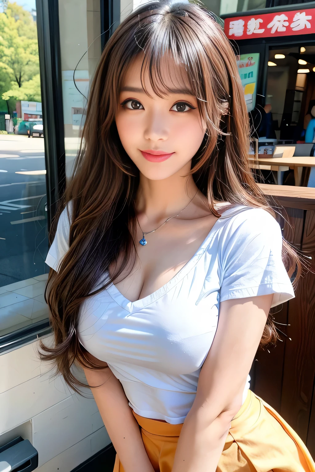 Full Body Angle、((highest quality, 8K, masterpiece: 1.3)), concentrated: 1.2, Cute girl 1,Nipples erect、 Perfect beauty: 1.4,Crisscross V-neck T-shirt, Casual summer short sleeve t-shirt: 1.2,Long sleeve、Randall Color、comics&Text Graphics、Black ruffle-trimmed drawstring zip blouse,1.1, Highly detailed face and skin textures, Fine grain, double eyelid, whitening skin, ,highest quality,Ultra-high resolution,you,1 girl,alone,_Shiny_skin,Iris,necklace,((Brown_length_Wavy_hair)),(lips)),eyelash,Front hair,deal with,compensate,Shiny,pore,skin texture,Large Breasts、smiling face、Blue Miniskirt Police、Front hair、