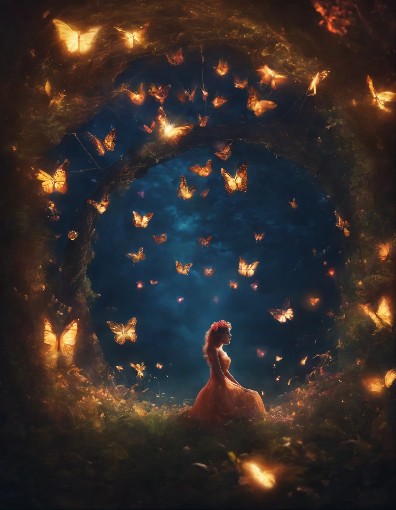 butterflies are flying around a spider web in the dark, digital art by Mike Winkelmann, trending on cgsociety, conceptual art, 🌺 cgsociety, glowing butterflies, butterflies and sunrays, beautiful gorgeous digital art, full of glass. cgsociety, fairy cgsociety, butterfly lighting, very beautiful digital art, butterfly, beautiful digital art, beautiful!!! digital art