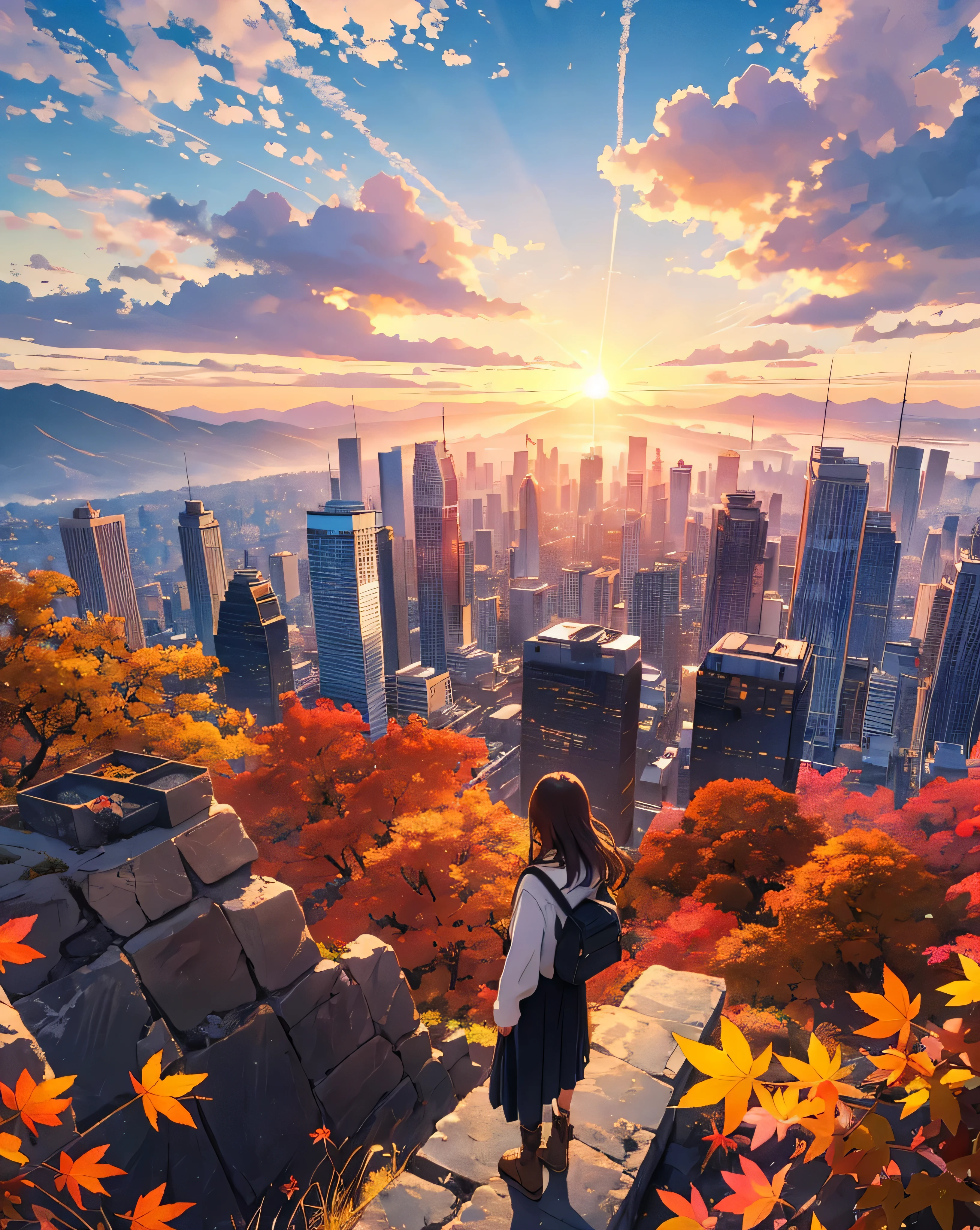 Realistic，A vast city spreads out、The sun rises over an army of skyscrapers、The morning sun is beautiful、horizon，Composed々The sky is getting brighter、Huge autumn clouds、Vibrant colors、Girl looking out from a distant mountaintop