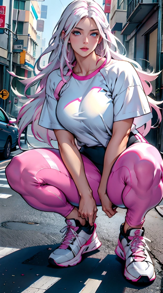 photorealistic, high resolution, 1women, shining skin, solo, pink lips, (long white hair, blue eyes), closed mouth, street wear, t-shirt, leggings, sneakers, thick thighs, muscular legs