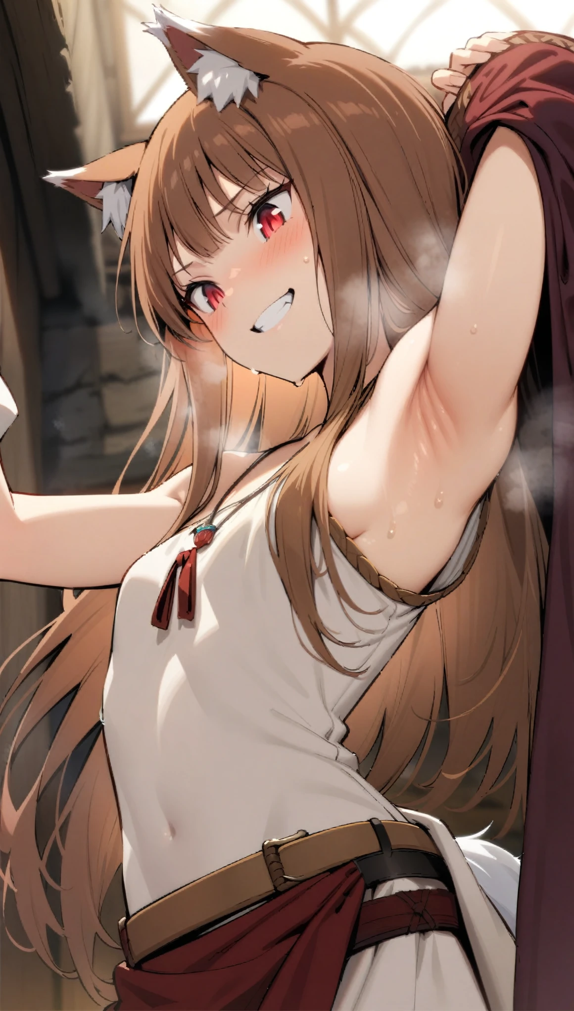 (masterpiece:1.2), hyper detail, best quality, (intricate_details:1.1), beautiful detailed, beautiful hair, solo,1girl, holo, /(spice and wolf/), wolf girl, detailed beautiful face and eyes, detailed red eyes, deep crimson eyes, detailed brown hair, intricate hair, long hair, animal ears, wolf ears,slim body, glowing eyes, small breasts, slender, slim,smiling with teeth, happy, medieval clothes,white short sleeves dress, red fabric belt, woven belt, ring accessory, The Promise of the Wise Wolf, Simple necklace, fabric ribbon,robe_cape,robe half off shoulder,shoulder,upper body,hand holding coat, sweating,heavy breathing,steam,blush,open robe,greasy shoulder,from below,looking down,hand up,armpit,greasy armpit,from side, shoulder focusblurry_background,sweating,greasy shoulder,from below,looking side,flipped hair,armpit,greasy armpit,from side, shoulder focus,((armpit focus)),bare shoulder,upper body,five fingers,(sideboobs),five fingers,((greasy armpit)),((smooth armpit)),((Pupil details)),backlighting,((Stretch oneself)),((hand on chest)),((five fingers)),((Detailed armpit)),((elastic armpit)),((soft armpit)),pov,(sideboobs)