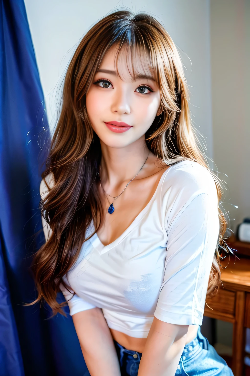 Full Body Angle、((highest quality, 8K, masterpiece: 1.3)), concentrated: 1.2, Cute girl 1,Nipples erect、 Perfect beauty: 1.4,Crisscross V-neck T-shirt, Casual summer short sleeve t-shirt: 1.2,Long sleeve、Randall Color、comics&Text Graphics、Black ruffle-trimmed drawstring zip blouse,1.1, Highly detailed face and skin textures, Fine grain, double eyelid, whitening skin, ,highest quality,Ultra-high resolution,you,1 girl,alone,_Shiny_skin,Iris,necklace,((Brown_length_Wavy_hair)),(lips)),eyelash,Front hair,deal with,compensate,Shiny,pore,skin texture,Large Breasts、smiling face、Blue Miniskirt Police、Front hair、
