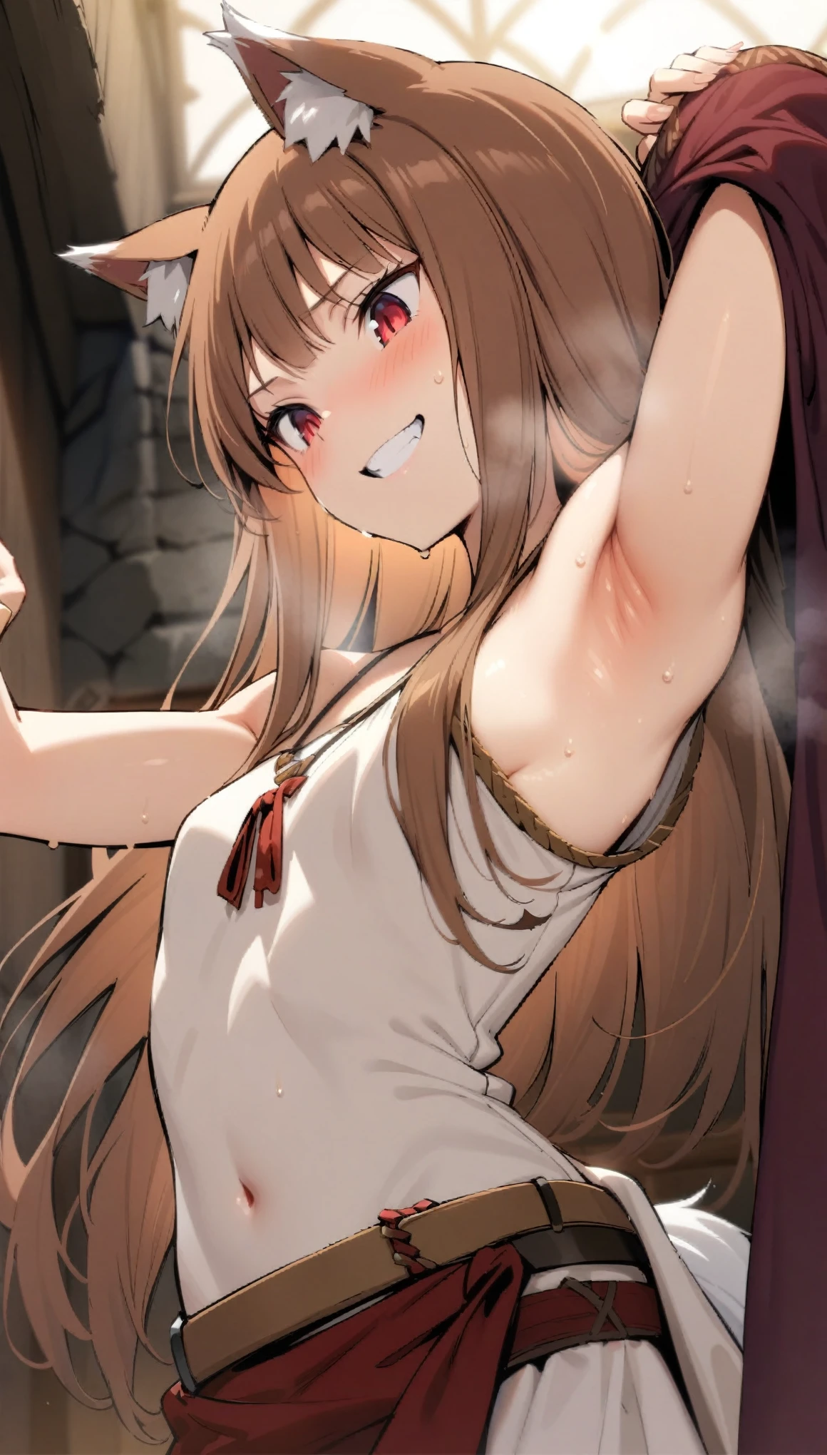 (masterpiece:1.2), hyper detail, best quality, (intricate_details:1.1), beautiful detailed, beautiful hair, solo,1girl, holo, /(spice and wolf/), wolf girl, detailed beautiful face and eyes, detailed red eyes, deep crimson eyes, detailed brown hair, intricate hair, long hair, animal ears, wolf ears,slim body, glowing eyes, small breasts, slender, slim,smiling with teeth, happy, medieval clothes,white short sleeves dress, red fabric belt, woven belt, ring accessory, The Promise of the Wise Wolf, Simple necklace, fabric ribbon,robe_cape,robe half off shoulder,shoulder,upper body,hand holding coat, sweating,heavy breathing,steam,blush,open robe,greasy shoulder,from below,looking down,hand up,armpit,greasy armpit,from side, shoulder focusblurry_background,sweating,greasy shoulder,from below,looking side,flipped hair,armpit,greasy armpit,from side, shoulder focus,((armpit focus)),bare shoulder,upper body,five fingers,(sideboobs),five fingers,((greasy armpit)),((smooth armpit)),((Pupil details)),backlighting,((Stretch oneself)),((hand on chest)),((five fingers)),((Detailed armpit)),((elastic armpit)),((soft armpit)),pov,(sideboobs)