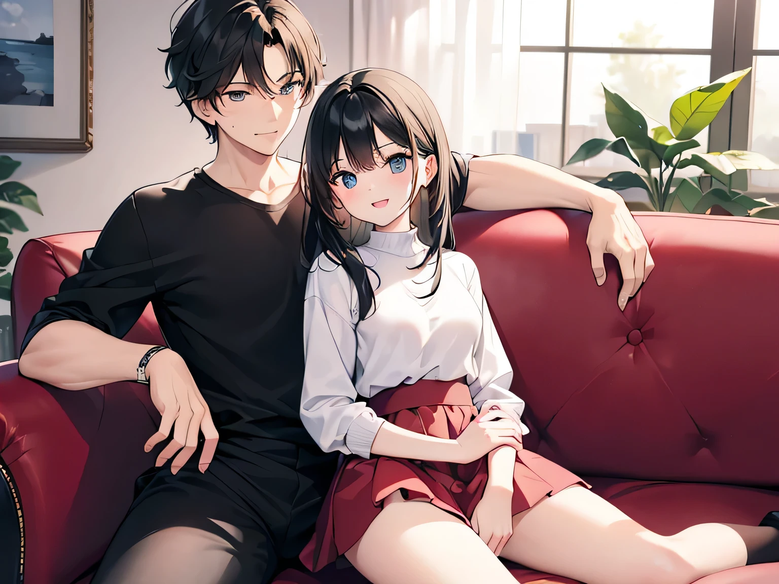 (Masterpiece, top quality, high resolution, realistic photo, realistic looking skin:1.1),
(A couple, a man and a woman, are sitting on a sofa in a living room:1.8),
(They look lovey-dovey and happy:1.8),
(woman is 18 years old, wearing a white sleeveless turtleneck knit, a red mini-skirt, white socks and short black hair:1.5),
(The man is 36 years old and a little older, but dressed normally except for wearing a long-sleeved shirt:1.5),
(The place is a sofa in the living room:1.5),
Both genders are Japanese, full-bodied, full-bodied ethnocentric, beautiful eyes, shining eyes, shining thighs, NSFW