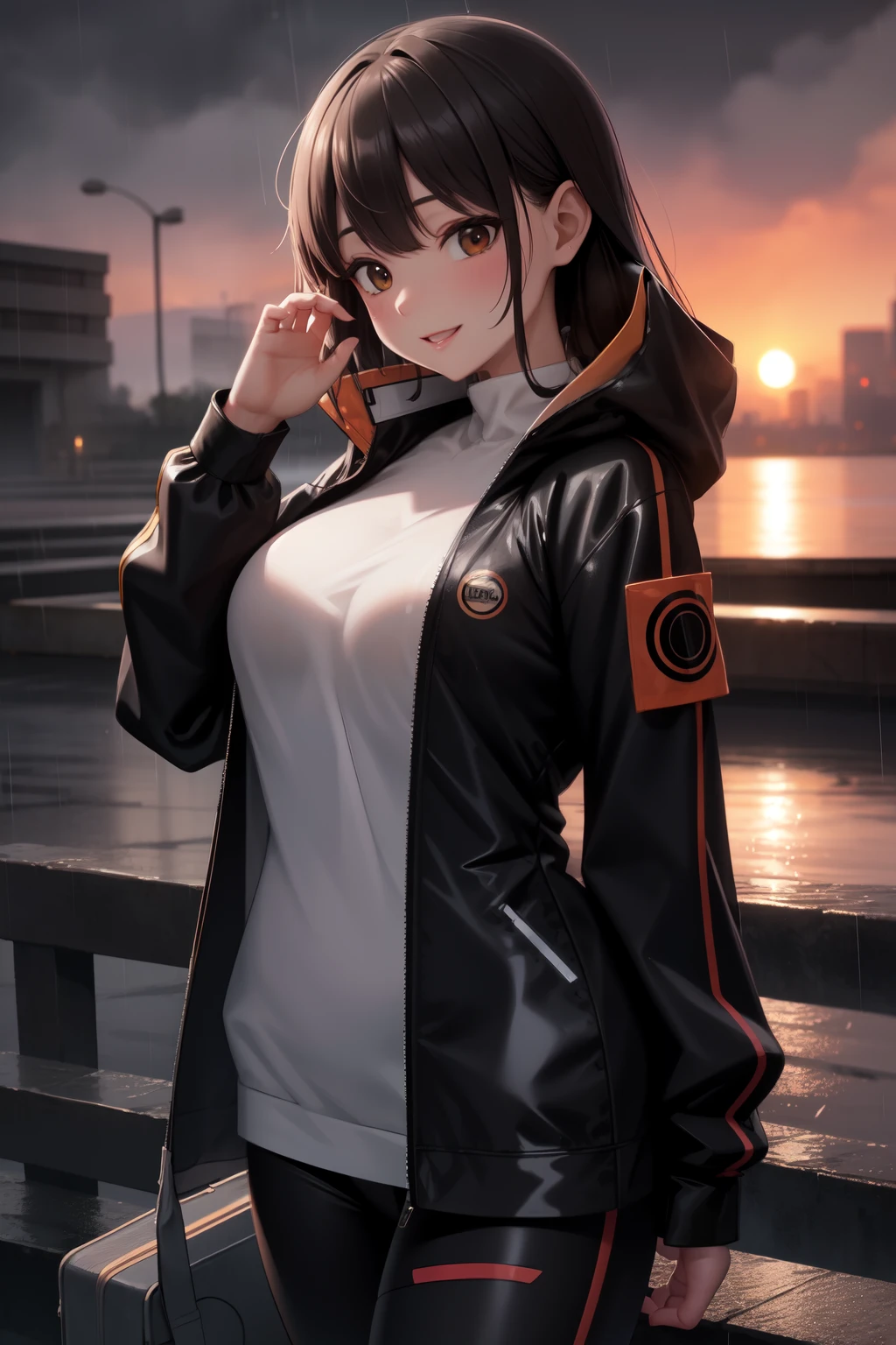 masterpiece, best quality, detailed, 1 woman, rain jacket, closed jacket, sunset, rain, laugh