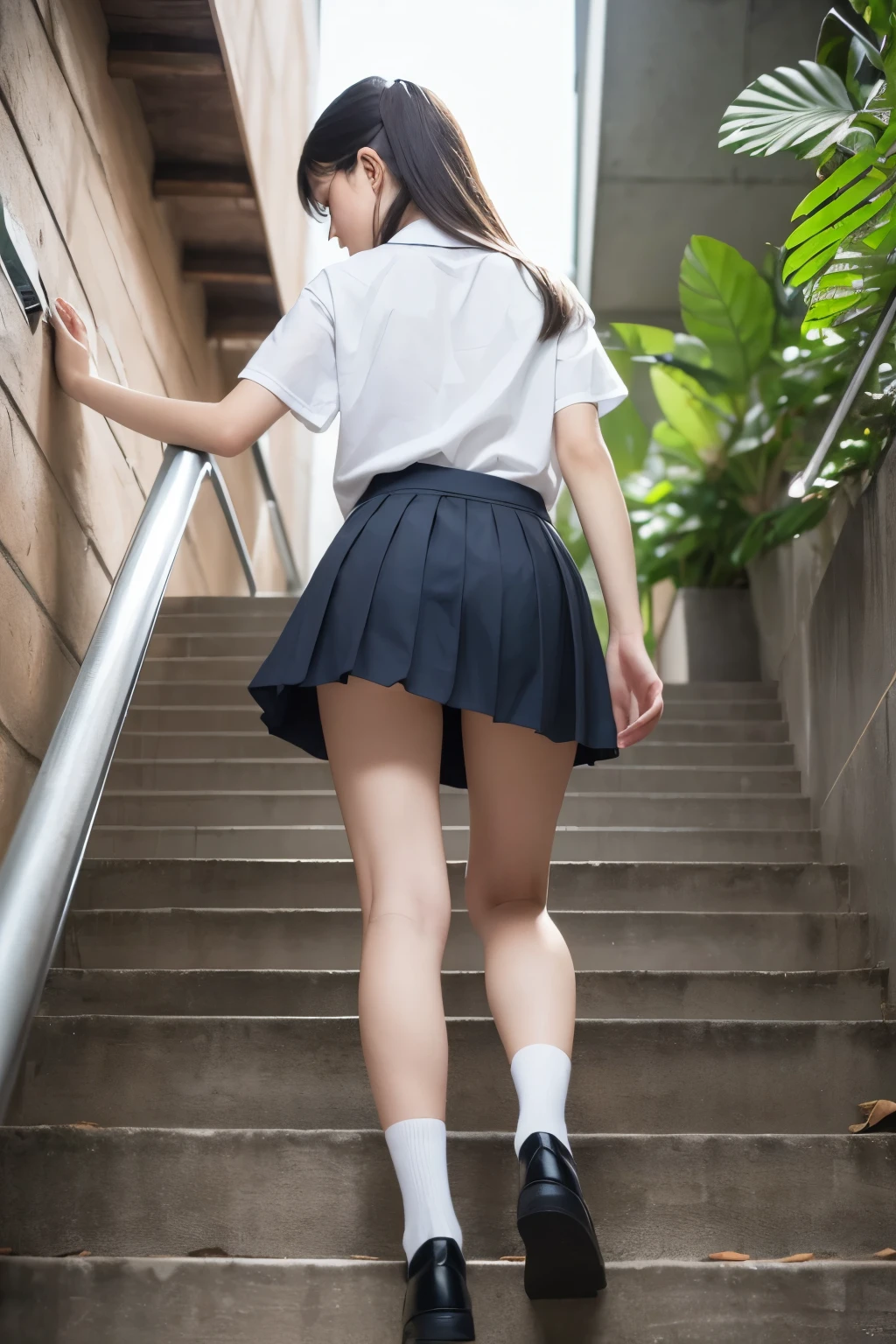 (Raw photo: 1.4), (Photorealistic: 1.4), (Masterpiece), Best quality, Highest quality, Highly detailed CG Unity 8k wallpaper, Detailed and intricate, Original, High resolution, \\ 1girl,solo,( 14 years old), very fine eyes, small breasts, black hair, long hair, big black eyes, hair clip, looking at camera, whole body, junior high school student, uniform, summer clothes, short sleeves, short white socks, school bag, dark blue short pleated skirt, small Buttocks, slender legs, slender calves, detailed backs of the knees, black loafers, ((back view running up the stairs, whole body, white underwear inside the skirt)), school stairs, depth of field, loli: 0.6, Realistic: 1.4, (Ambient lighting: 1), (HDR: 1), (Studio lighting: 1.4), (Skirt: 1.2), Lighting from below, full body visible