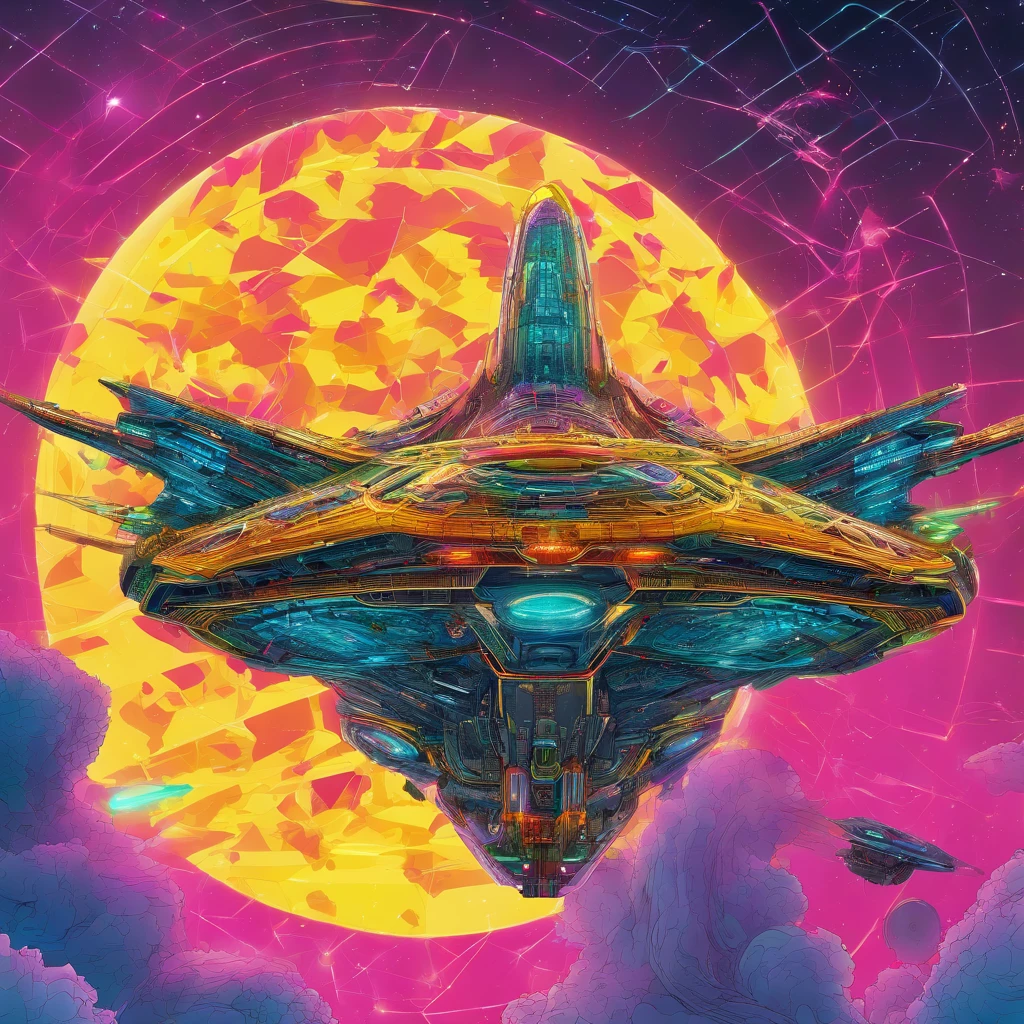 A highly detailed, photorealist, hyperrealist, hyperdetailed, masterpiece, seamlessly blending the artistic styles of J. Michael Straczynski and Leonardo Da Vinci.The primary colors of the immense starship are neon gold, forest green and ruby red accents, creating a striking contrast against the vastness of space. Cream-colored crystalline nacelles, elegantly angled at 75 degrees, emit a mesmerizing neon yellow light, adding to the ship's futuristic allure. The design of the starship draws inspiration from the visionary styles of J. Michael Straczynski and the intricate mechanical sketches of Leonardo Da Vinci. Its silhouette echoes the iconic Agamemnon from Babylon 5, featuring distinctive elements such as a rounded 1974 Winnebago-inspired cylindrical bridge. This bridge commands attention with its impressive dimensions: 108 feet in length, 72 feet in width, and towering 36 feet high above from the 48 ft cobalt platinum industrial supports, that come up from the base of the ship. Moving along the starship, the cylindrical middle section extends 36 feet in height, 288 feet in length, and spans 144 feet in width, showcasing intricate details and geometric patterns that reflect both artistic mastery and advanced technology. The mid section is only 24 ft, up from the base, with industrial wired platinum chrome cobalt steel supports. The streamlined main, reminiscent of a Freightliner in its sleek design, stretches a staggering 576 feet in length, 48 ft high , & 820 ft wide emphasizing the ship's immense scale and capability. Against the backdrop of deep space, speckled with distant stars and nebulae, the starship exudes a sense of grandeur and exploration. The play of light and shadow across its surfaces enhances the realism of the painting, highlighting every curve, panel, and intricate detail of its construction. isometric, solarpunk