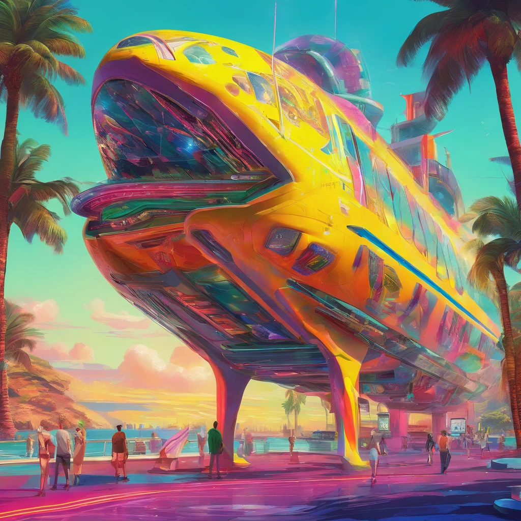 A highly detailed, photorealist, hyperrealist, hyperdetailed, masterpiece, seamlessly blending the artistic styles of J. Michael Straczynski and Leonardo Da Vinci.The primary colors of the immense starship are neon gold, forest green and ruby red accents, creating a striking contrast against the vastness of space. Cream-colored crystalline nacelles, elegantly angled at 75 degrees, emit a mesmerizing neon yellow light, adding to the ship's futuristic allure. The design of the starship draws inspiration from the visionary styles of J. Michael Straczynski and the intricate mechanical sketches of Leonardo Da Vinci. Its silhouette echoes the iconic Agamemnon from Babylon 5, featuring distinctive elements such as a rounded 1974 Winnebago-inspired cylindrical bridge. This bridge commands attention with its impressive dimensions: 108 feet in length, 72 feet in width, and towering 36 feet high above from the 48 ft cobalt platinum industrial supports, that come up from the base of the ship. Moving along the starship, the cylindrical middle section extends 36 feet in height, 288 feet in length, and spans 144 feet in width, showcasing intricate details and geometric patterns that reflect both artistic mastery and advanced technology. The mid section is only 24 ft, up from the base, with industrial wired platinum chrome cobalt steel supports. The streamlined main, reminiscent of a Freightliner in its sleek design, stretches a staggering 576 feet in length, 48 ft high , & 820 ft wide emphasizing the ship's immense scale and capability. Against the backdrop of deep space, speckled with distant stars and nebulae, the starship exudes a sense of grandeur and exploration. The play of light and shadow across its surfaces enhances the realism of the painting, highlighting every curve, panel, and intricate detail of its construction. isometric, solarpunk 