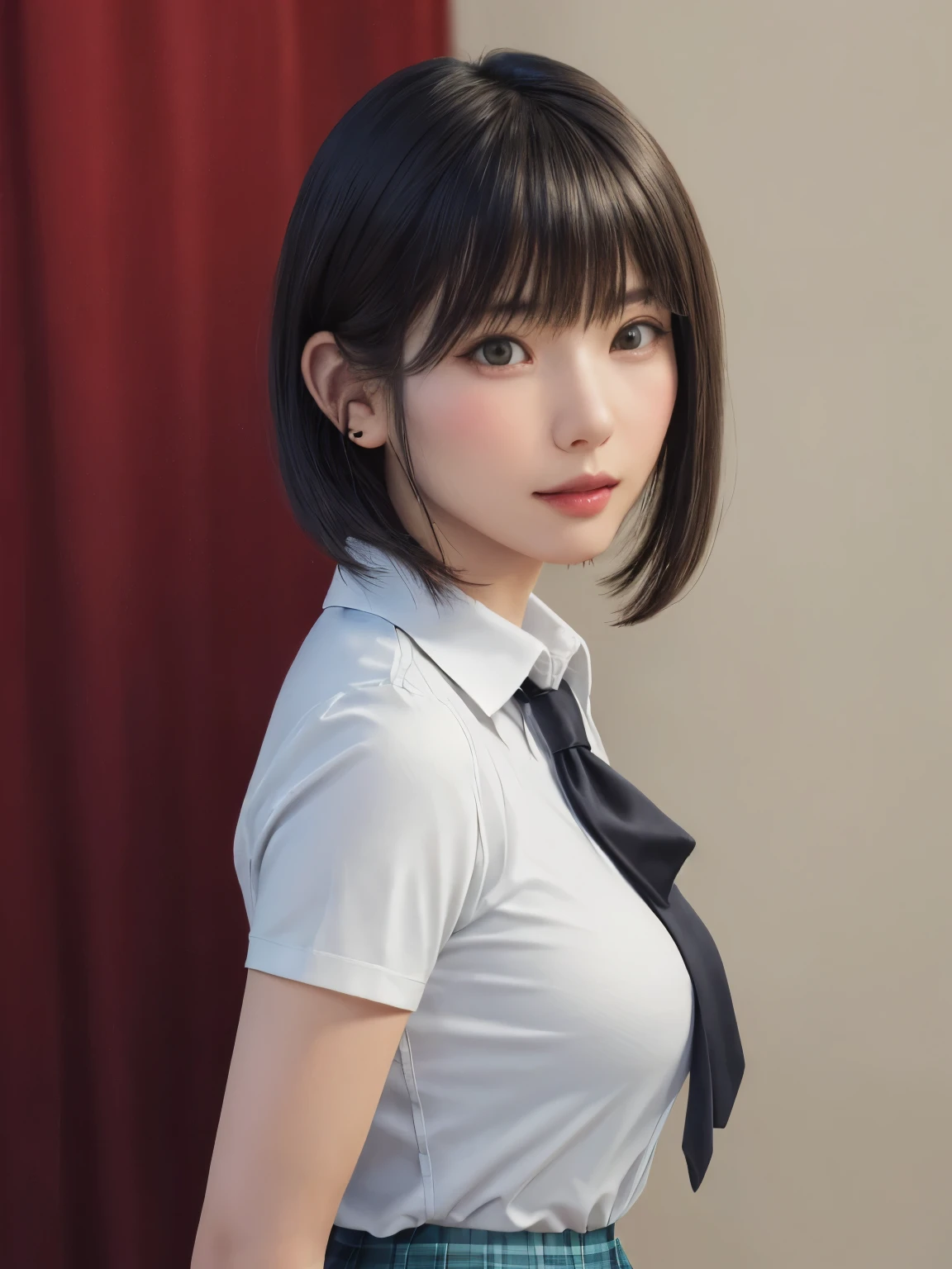 (masterpiece:1.3), (Realistic, RAW Photos, highest quality: 1.4), (One Girl), Beautiful Face, (超Realistic Face、シンメトリーのBeautiful Face), (Short black hair, short hair:1.6、bangs:1.3、Show off your beautiful ears), Beautiful Hairstyles, (Realistic eyes), Beautiful details, Long eyelashes, (Realistic Skin), Beautiful Skin, [Big Breasts:1.3], {huge|big|hugeな|Mega} chest, (Perfect body:1.3), (Detailed body:1.2), (tie), (Collared shirt, Pleated skirt:1.3), Absurd, charm, Ultra-high resolution, Ultra-realistic, Very detailed, Golden Ratio,Very cute beautiful woman、28 years old、Beautiful angle from the back