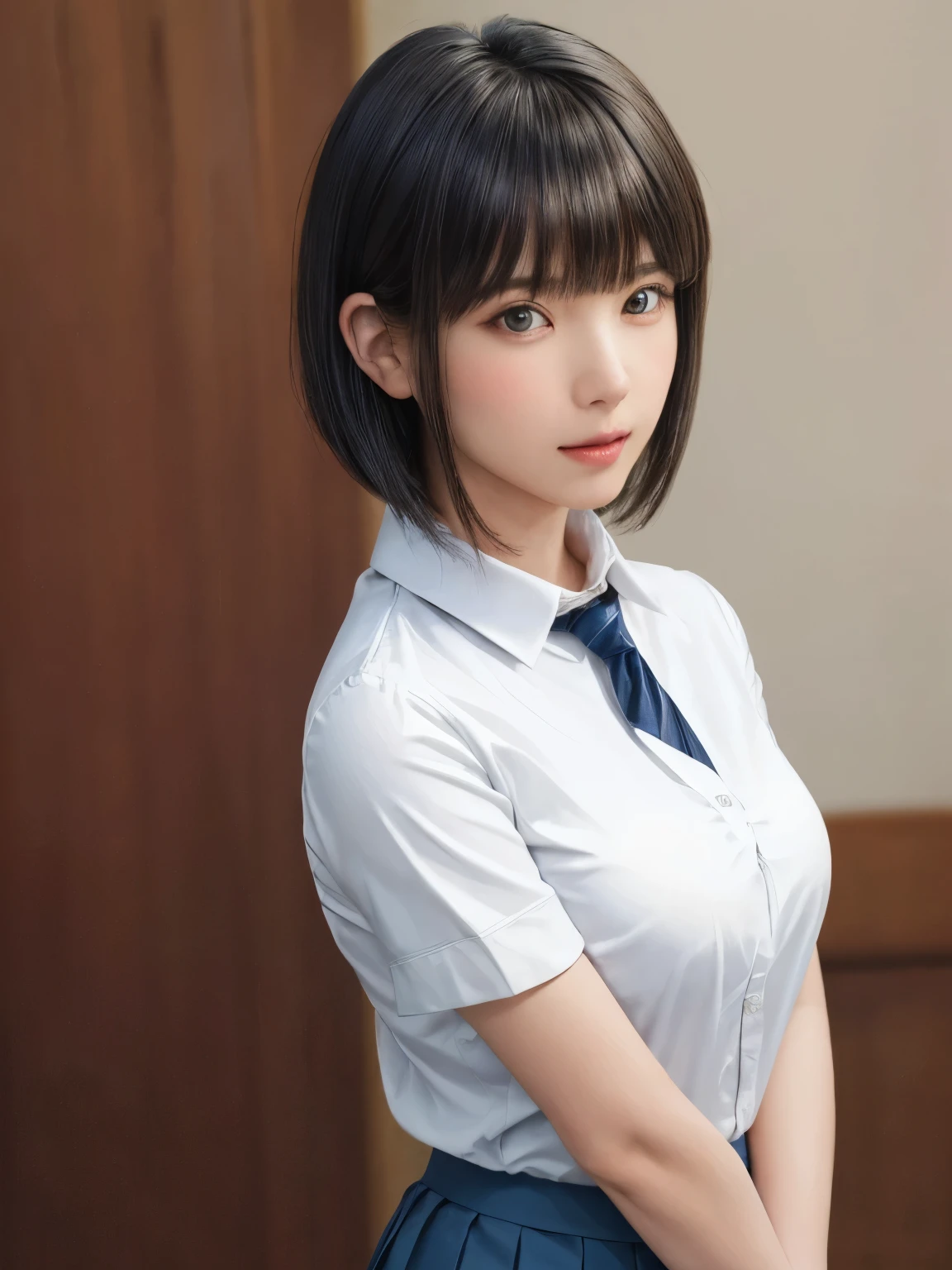 (masterpiece:1.3), (Realistic, RAW Photos, highest quality: 1.4), (One Girl), Beautiful Face, (超Realistic Face、シンメトリーのBeautiful Face), (Short black hair, short hair:1.6、bangs:1.3、Show off your beautiful ears), Beautiful Hairstyles, (Realistic eyes), Beautiful details, Long eyelashes, (Realistic Skin), Beautiful Skin, [Big Breasts:1.3], {huge|big|hugeな|Mega} chest, (Perfect body:1.3), (Detailed body:1.2), (tie), (Collared shirt, Pleated skirt:1.3), Absurd, charm, Ultra-high resolution, Ultra-realistic, Very detailed, Golden Ratio,Very cute beautiful woman、28 years old、Beautiful angle from the back