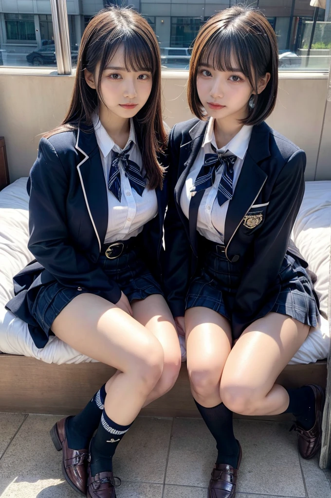 muster piece, best quality, illustration, Super detailed, fine details, High resolution, 8K,wall paper, perfect dynamic composition,(Details High quality, realistic depiction of eyes:1.3), ((2 girls, 2 schoolgirls)), The background is a luxury hotel room、High school girl uniform、blazer 、Super Short Check Uniform Skirt、Navy blue high socks、garterbelts、Colossal tits、Disturbed uniform, Play with each other,Touching each other's bodies,Touching the body of the girl next door, short bob hair, black hair color, huge breasts, Big Natural Color Lip, bold sexy pose, (perfect body shape), crying a little、cold gaze, Harajuku style、20 year old girl、 beautiful legs, hposing Gravure Idol, Voluptuous thighs