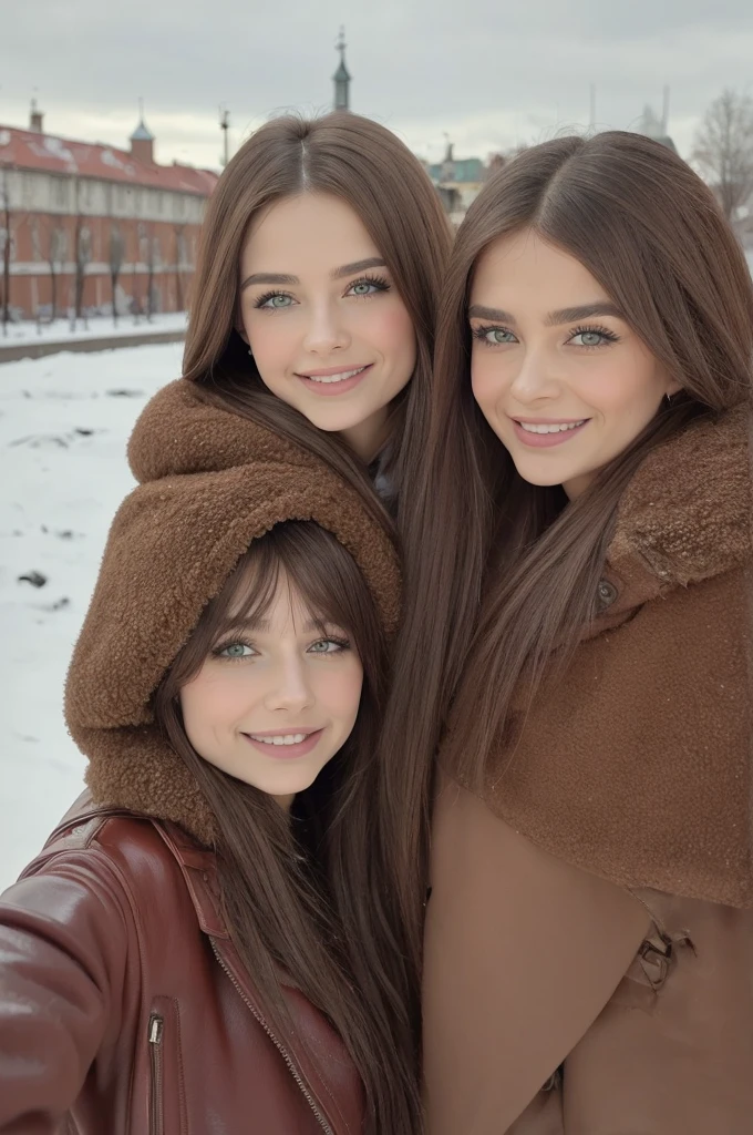 Professional photograph, best quality, 8K, hyper detailed, half body, A close up portrait of two gorgeous, beautiful, wonderful women, argentinian and russian females together posing for the camera, both women have super long hair, argentinian girl has dark brown hair and russian girl has light brown hair, the both of them are wearing winter outfits, both girls are wearing leather jackets. Both women are wonderful, dream, ethereal, timeless, majestic beauties from Argentina and Russia, hispanic and slavic dream beauties who comes to the hearts. They're glad, smiling and enjoying a day at park in winter. True friendship, they pose happy for the camera. Railway station at background.
