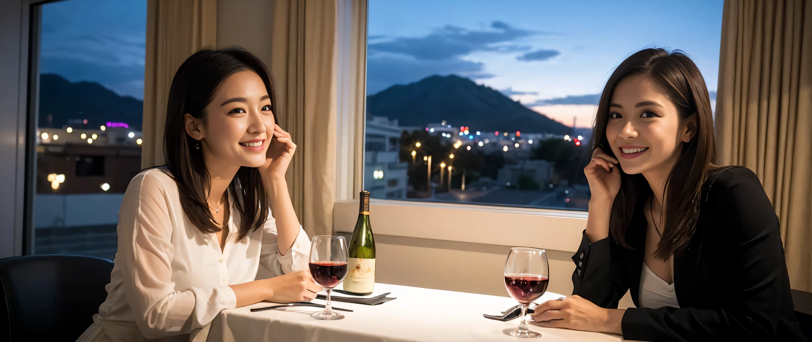 ((highest quality、8k、masterpiece:1.3))、1 male 1 female、couple、Lovers couple、Slim body、((Bob Hale、Straight hair:1.2))、(Realistic, Intricate details:1.2), Wine glass on the table、Shine light on your face、 Amazing view of the sunset sky and clouds、Amazing mountain views、A bright smile、A lovely woman with a smile、Bright image、Beautiful Face, blue eyes, The light shines on your face, Blushing, short hair,Bright Face、Fox face、 (36 years old), 39 years old, Lady、red wine 、Appetizers、Italian food、Wine bottle、Champagne、sparkling wine、Two beauties、Brown Hair、Shortcuts、Long sleeve shirt、dress、Pretty Woman 1, (Slim face), (The body is slim), (Brown Hair), (Shortcuts), cheeks turn a little red,Attractive beauty、, Out of the window, A beautiful and detailed night view unfolds.........., restaurant, In a prominent place (From the waist up) Nova Frog Style, actress, model, Upper Body, White wine, slim, wine glass, A wine glass placed in the middle, smile, (smile: 1.15), Beautiful fine grain, Depth f/2,saturation, High Contrast, Strong light and shadow,Moist Body:1.5、3D texture、Delicate eyes、Brown Hair、The hair is very shiny、
