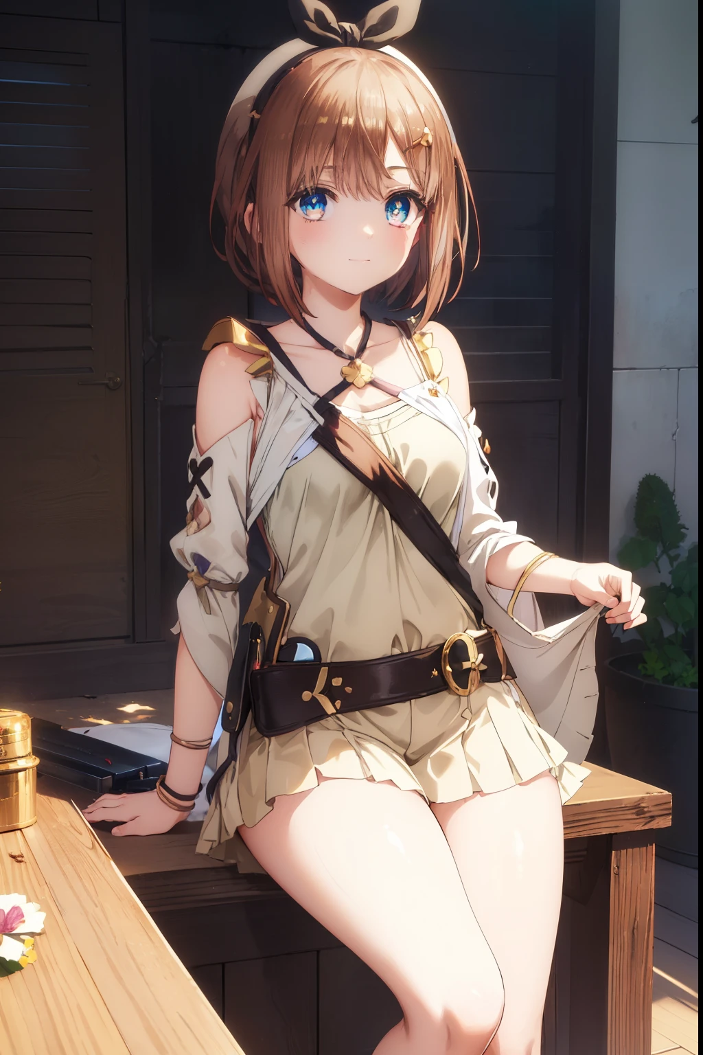 Reisalin "Ryza" Stout、blush,smile、Brown Hair、、The back is very small、Lolita、Small breasts、Please show me your armpits、exterior: 14 years old、Shoulder Bicle is visible、Sexy thighs、Beautiful feet、Usual hairstyle、highest quality, High resolution, unity 8k wallpaper, (shape:0.8), (Beautiful and beautiful eyes:1.6), Highly detailed face, Perfect lighting, Extremely detailed CG, (Perfect hands, Perfect Anatomy),