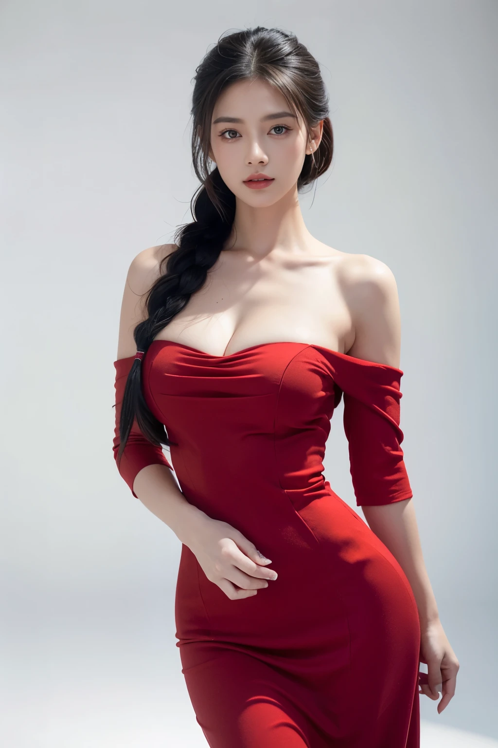 masterpiece,best quality,high resolution,8K,20 year old girl,single braid,(black hair),Full breasts,cleveage,Elegance and nobility,Serious and indifferent,Rich details,Clean background,mulatto,Sexy look,big eyes,(Standing),Sexy pose,Center the character，(Red dress),White background
