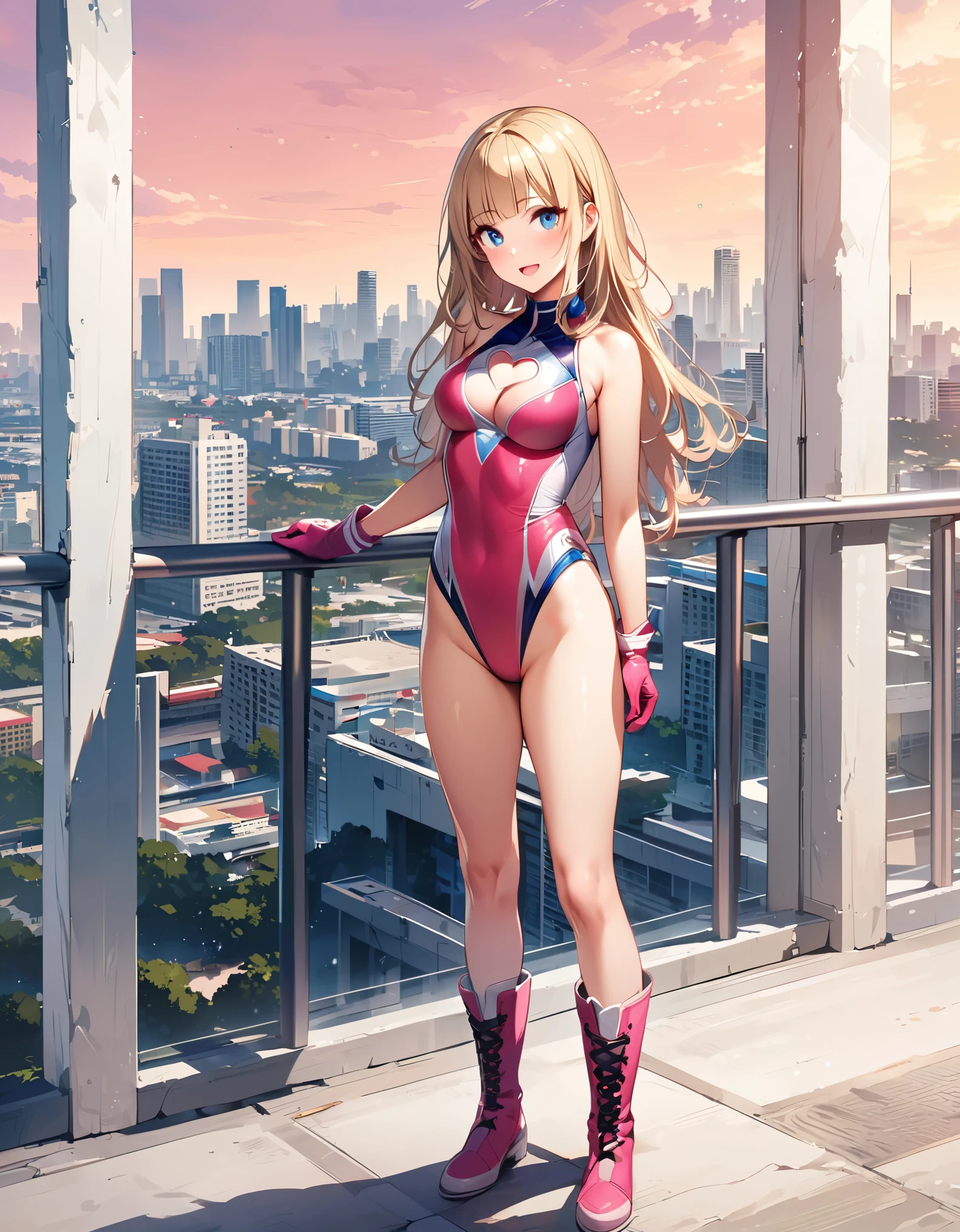 (masterpiece:1.3),(very detailed:1.3),(High resolution:1.1),highest quality,Super detailed, 1girl, solo, solo focus, (leotard, gymnast outfit leotard, pink leotard, sleeveless, bare legs), matching boots, looking at the viewer, miami city backdrop, (perfect hands), perfect anatomy, medium breasts, (blonde hair, long hair, mid-length hair, hair down, bangs), knee-high boots, blue eyes, beautiful detailed eyes, beautiful detailed face, cute face, (cleavage heart cutout), pink gloves, pink footwear, superhero, casual, smile, single, standing, standing straight, full body with costume, :d