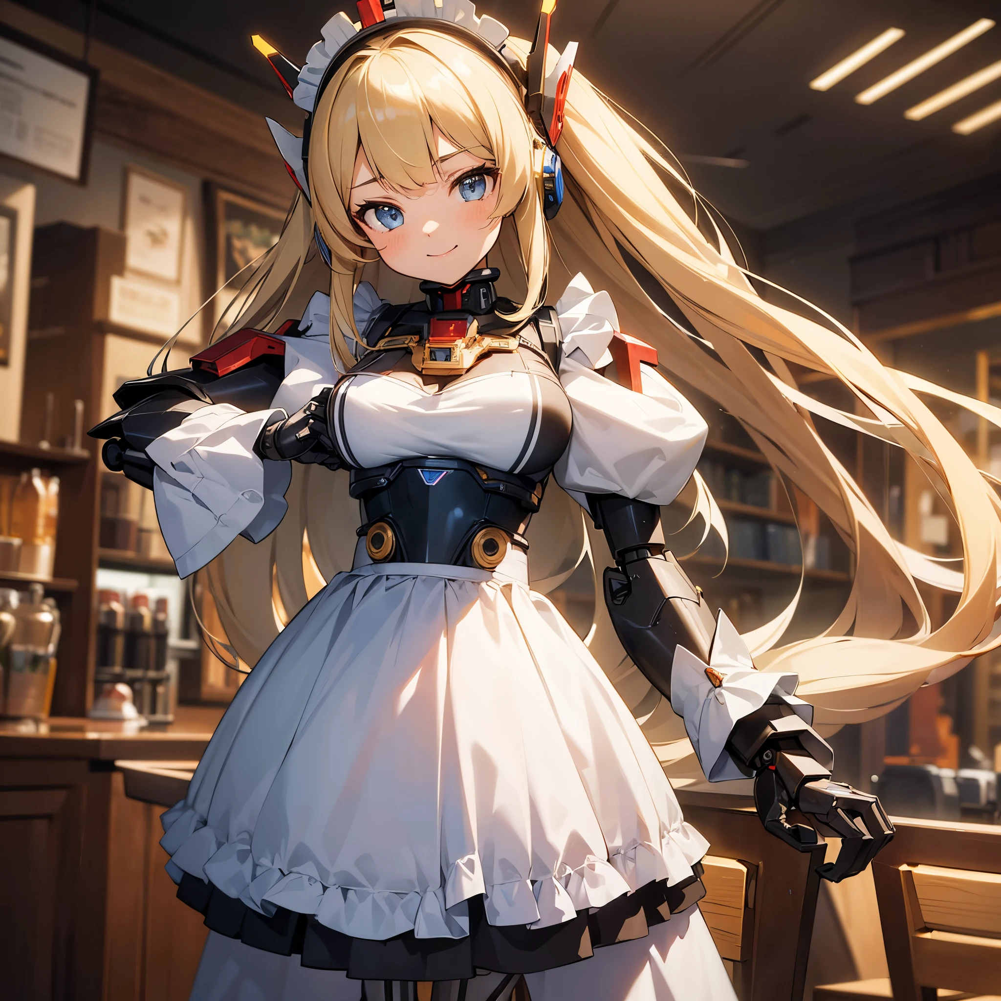 ((masterpiece)), ((best quality)), ((ultra-detailed)), 1girl, (mecha musume:1.4), science fiction, mechanical arms, maid dress, mechanical legs, mechanical parts, maid, long hair, blonde hair, mechanical wings, mechanical shield, headgear, , looking at viewer, smile, maid headdress, maid apron, coffee shop, coffee cup, upper body, coffee pot, (head rest:1.2), long sleeves, 