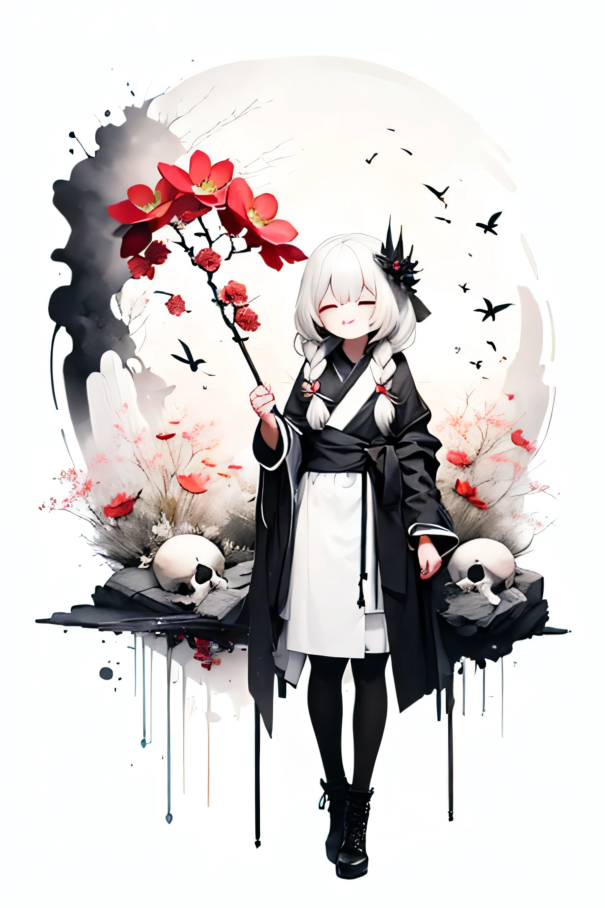 solo,1female\(cute,kawaii,age of 10,hair color white,braid hair,messy hair,eye color dark,eyes closed smile,white skin,big smile,enjoy,full body,wearing Grim Reaper's black Robe,holding scythe and skull,skip,flower hair ornament,white hair\),background\(black sky,withered flowers all over the ground,a thick red water\), BREAK ,quality\(8k,wallpaper of extremely detailed CG unit, ​masterpiece,high resolution,top-quality,top-quality real texture skin,hyper realisitic,increase the resolution,RAW photos,best qualtiy,highly detailed,the wallpaper\)