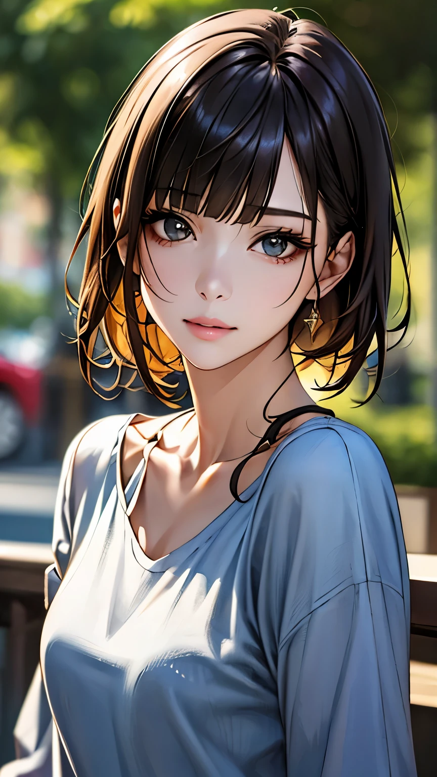 (hig彼st quality、8k、32k、masterpiece)、(Realistic)、(Realistic:1.2)、(High resolution)、(Random composition:1.6), Very detailed、Very beautiful face and eyes、1 girl、Delicate body、(hig彼st quality、Attention to detail、Rich skin detail)、(hig彼st quality、8k、Oil paints:1.2)、Very detailed、(Realistic、Realistic:1.37)、Bright colors, (Casual Fashion:1.3), Blunt bangs, 