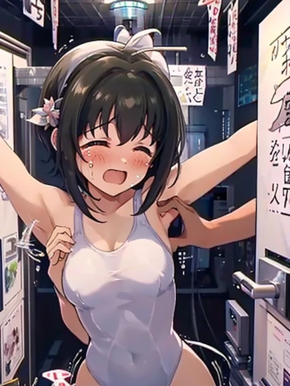 masterpiece,highest quality,Very detailed,A girl being tickled by a man,Scared,Panic,The pupils constrict,shout,Raise your eyebrows,Are crying,Eyes Wide Open, Swimsuit, One piece swimsuit, White swimsuit, Idol Master, Miho Kohinata, Black Hair, Short Hair, Watery eye, Being tickled all over, The whole body is restrained, Tickling, Feeling embarrassed, blush