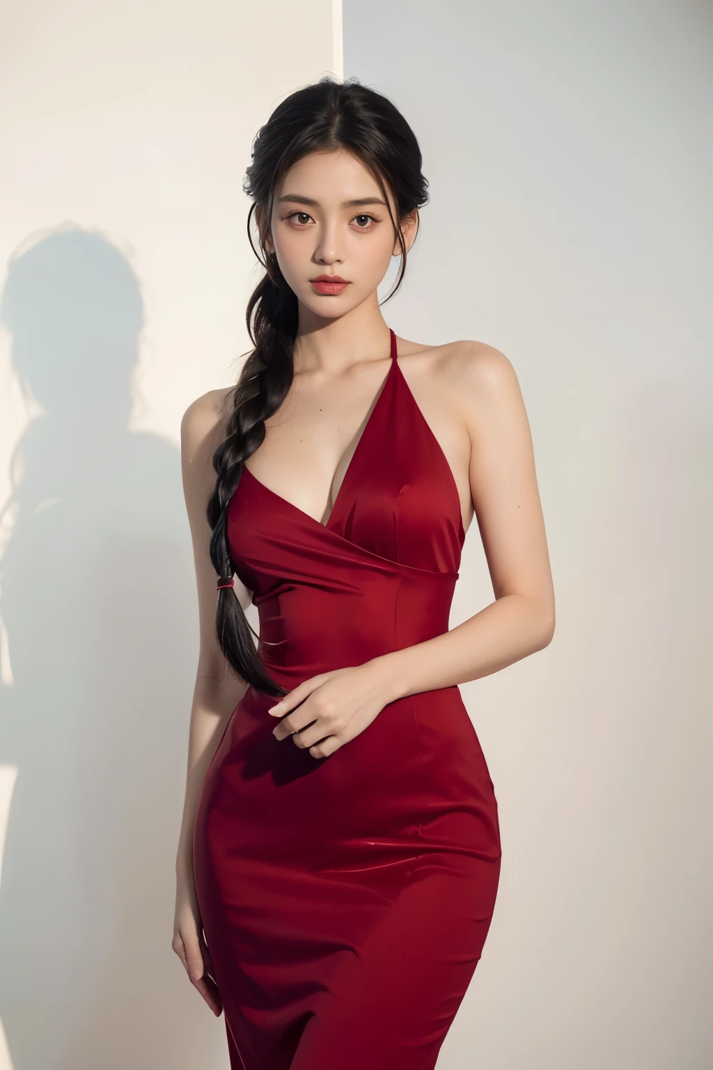 masterpiece,best quality,high resolution,8K,20 year old girl,single braid,(black hair),Full breasts,cleveage,Elegance and nobility,Serious and indifferent,Rich details,Clean background,mulatto,Sexy look,big eyes,(Standing),Sexy pose,Center the character，(Red dress),White background
