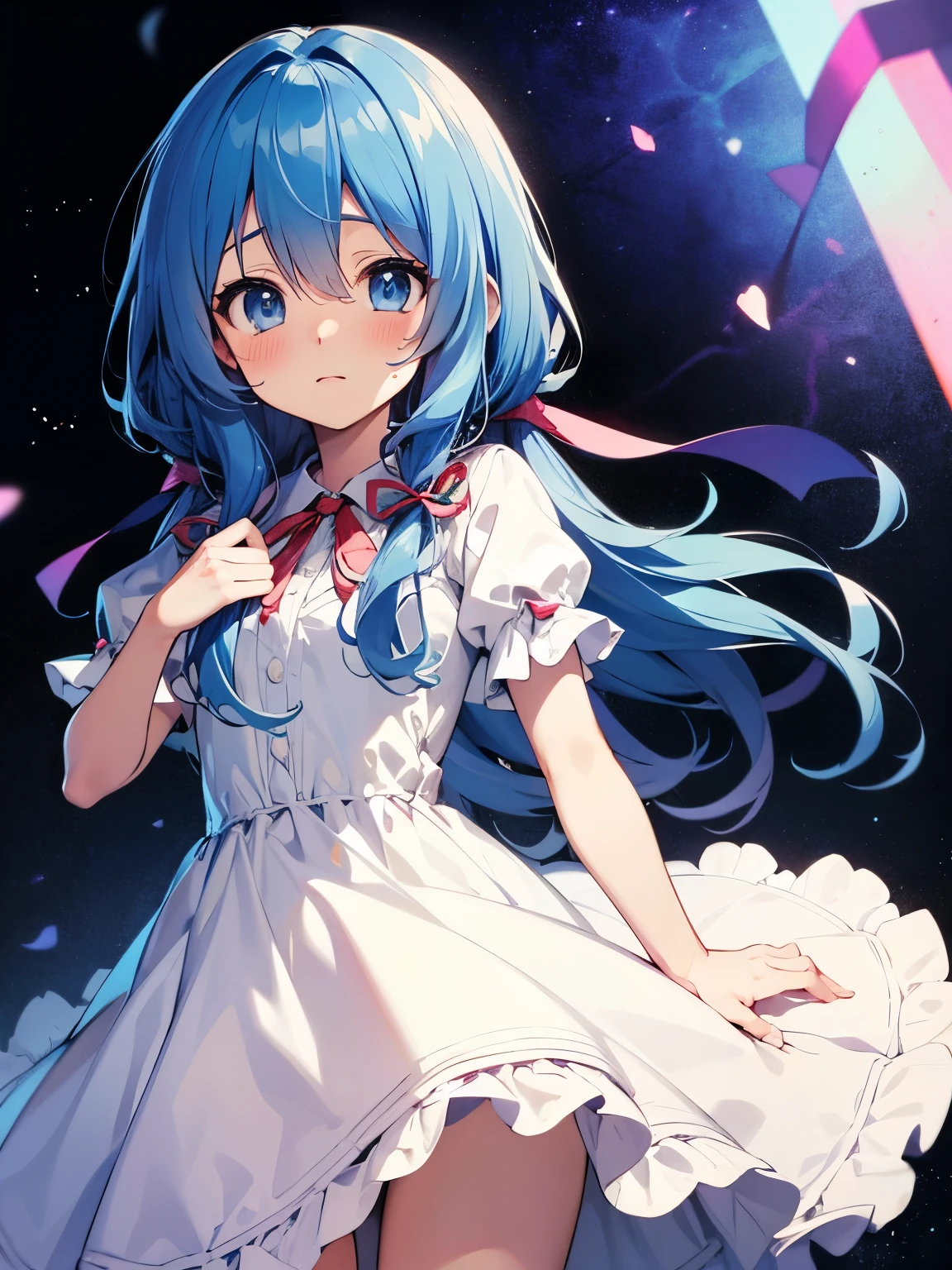 Yoshino Astral Dress、Long Hair、blue eyes、ribbon、Hair between the eyes、Blue Hair,(Perfect hands),(Perfect Anatomy),(masterpiece),(highest quality),Embarrassed,blush