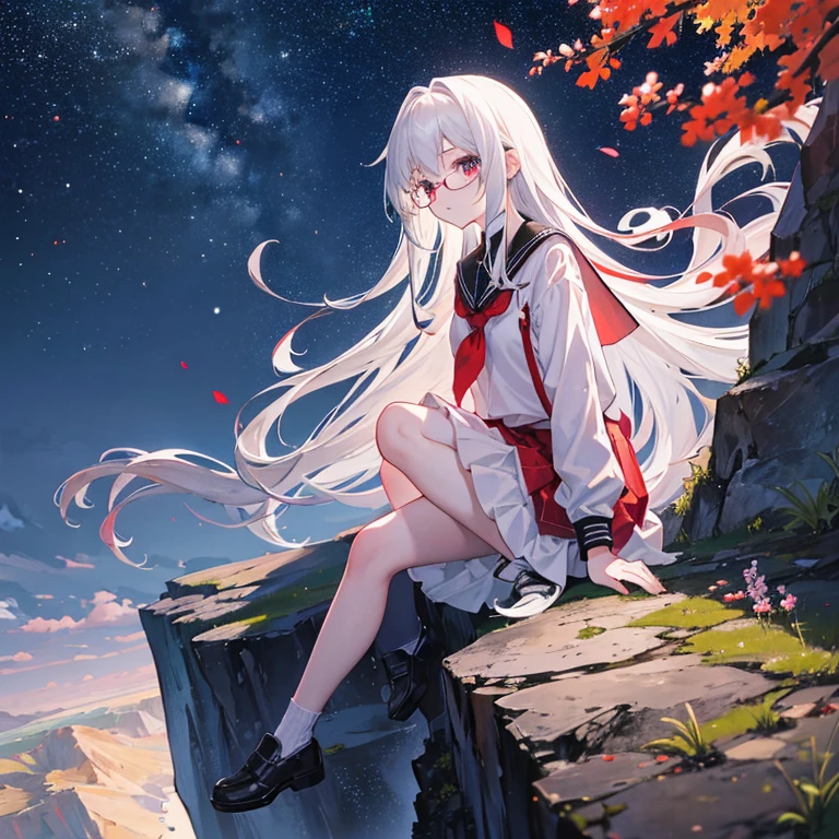 Long shot,Overlooking,Depth of Field,masterpiece,Highest quality,4K,A (White long hair,Red pupil,Glasses,Student Clothing),sitting at the edge of a cliff,Vista City,night,Starry Sky