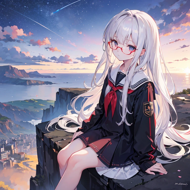 Long shot,Overlooking,Depth of Field,masterpiece,Highest quality,4K,A 16-year-old girl(White long hair,Red pupil,Glasses,Student Clothing),sitting at the edge of a cliff,Vista City,night,Starry Sky