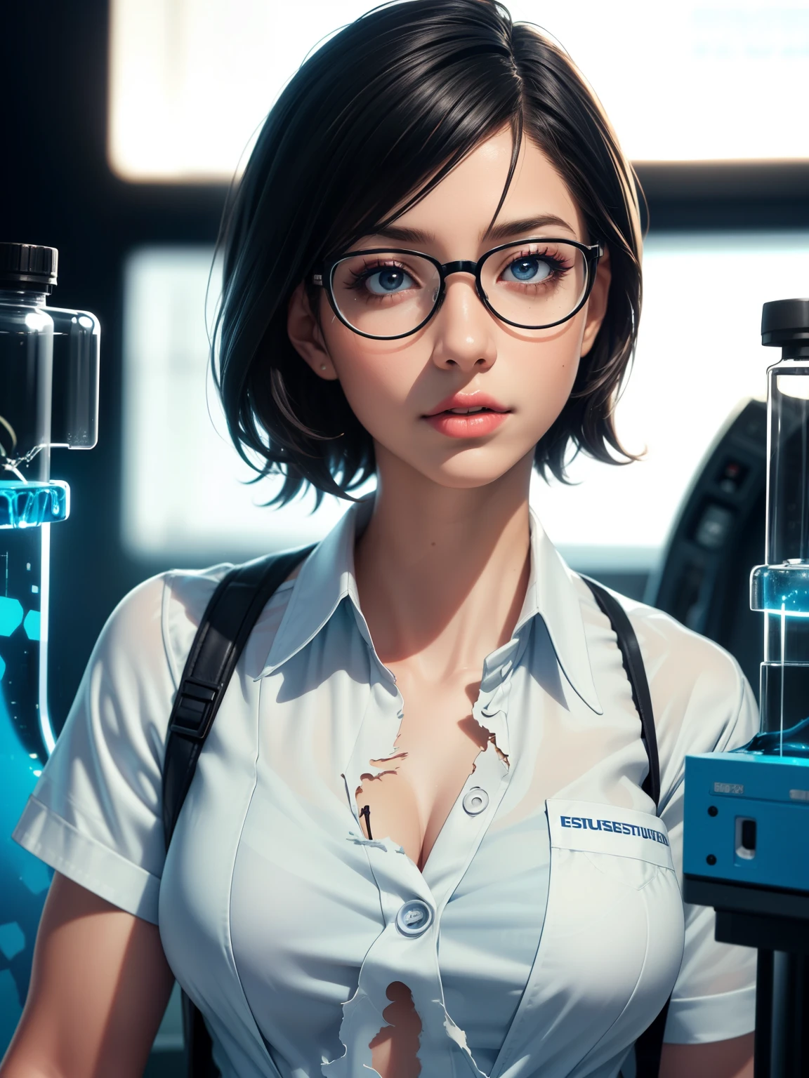 (best quality,ultra-detailed,photo-realistic:1.37)girl ,bright and vibrant colors, studio lighting, playful expression, stylish makeup ,( scientist costume) ,black hair ,short hair ,glasses
, soft natural lighting ,In the lab ,weak ,(( thin)) strong, (muscular) (big breasts:0.6) (hypermuscular:0.9)
, , scientist , , surprised ,(Torn shirt)