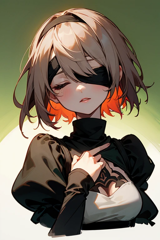 One girl, Wow, (Blindfold), chest, chestの谷間, chestの谷間 cutout, Dress cutout, Green background, Hair between the eyes, head band, High resolution, Juliet Sleeve, Long sleeve, Nier (series), Nier automata, Fluffy sleeves, Red lips, Shadow Face, short hair, alone, Turtleneck sweater, Upper Body,