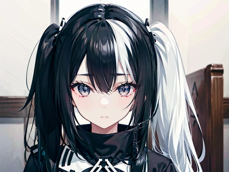 Anime Style、church、Twin tails、(One girl)、bicolor hair, black and white,Black and White、Two-tone,(hlfcol haired girl with black and white hair)