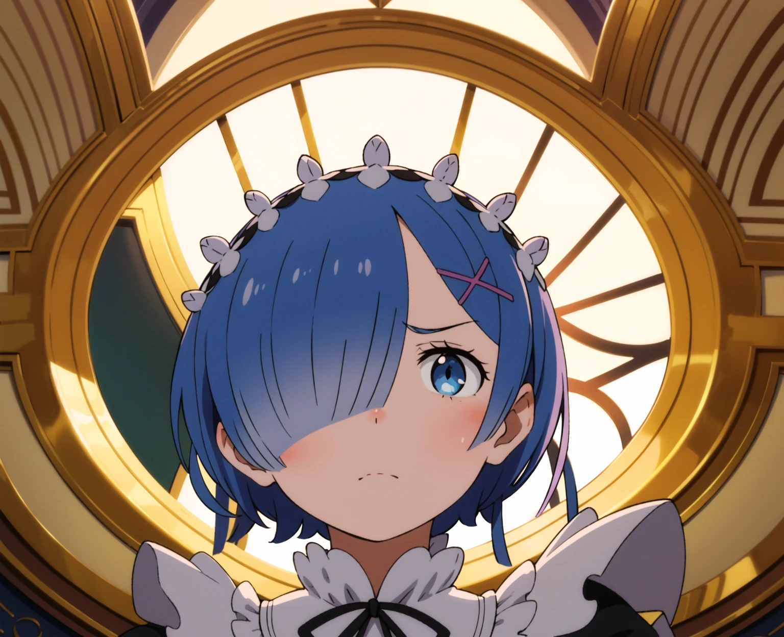 ((best quality)), ((masterpiece)), (detailed), Soft Light, Remlin, blue eyes, Hair covering one eye, maid, purple ribbon, maid headdress, roswaal building maid uniform, Separate sleeves, Disgusted face, looking at the audience, portrait, Shadowed side, eyes in shadow, Dazzling, angry face, Mouth slightly open, From below, indoors, building