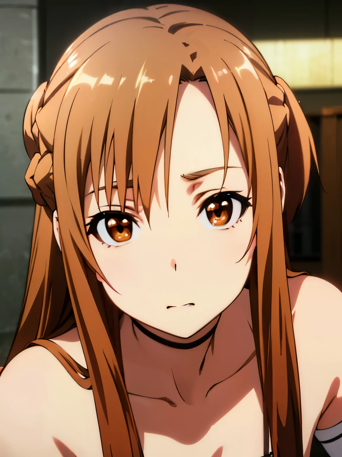 masterpiece, absurdres , (intricate details), (colorful),cinematic lighting,bust shot,extremely detailed CG unity 8k wallpaper , asuna, 1girl, solo,mature female, long hair, brown hair, (brown eyes:1.8),, seductive pose, looking at viewer, bra and panties, bed room, lying on bed, close shot