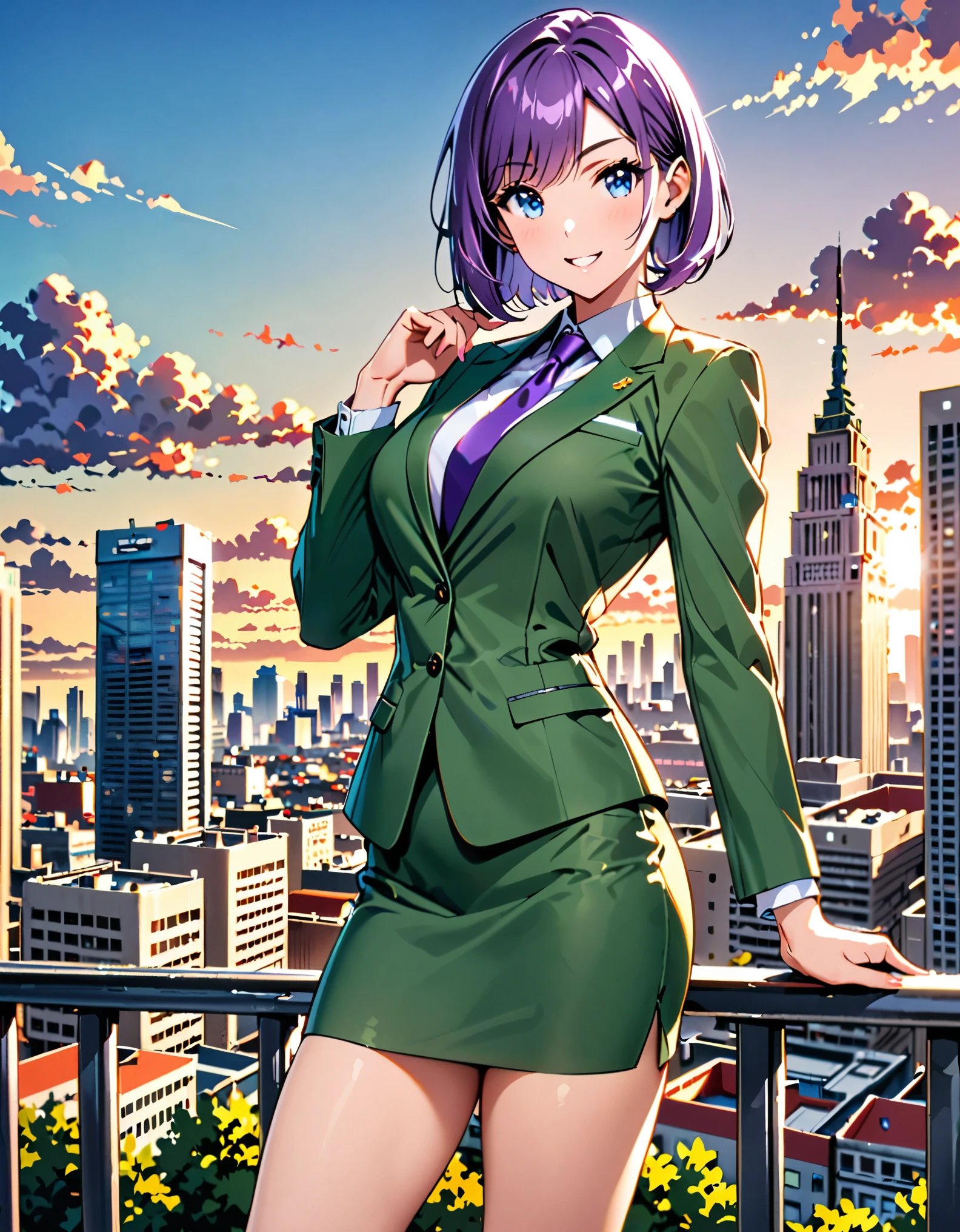 masterpiece, best quality, highres, 1girl, solo, green suit and tie, pencil skirt, miniskirt, bare legs, matching shoes, looking at viewer, city backdrop, perfect hands, perfect eyes, perfect legs, perfect arms, perfect fingers, medium , standing, purple hair, short hair, bob hair, blue eyes, standing, smile, full body with costume, :d