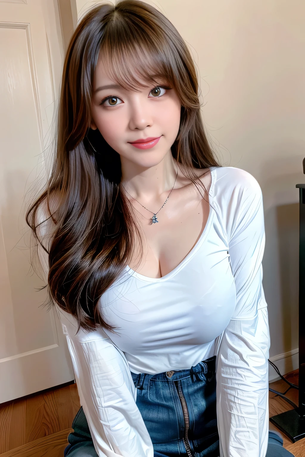 Full Body Angle:1.3,((highest quality, 8K, masterpiece: 1.3)), concentrated: 1.2, Cute girl 1,Nipples erect、 Perfect beauty: 1.4,Crisscross V-neck T-shirt, Casual summer short sleeve t-shirt: 1.2,Long sleeve、Randall Color、comics&Text Graphics、Black ruffle-trimmed drawstring zip blouse,1.1, Highly detailed face and skin textures, Fine grain, double eyelid, whitening skin, ,highest quality,Ultra-high resolution,you,1 girl,alone,_Shiny_skin,Iris,necklace,((Brown_length_Wavy_hair)),(lips)),eyelash,Front hair,deal with,compensate,Shiny,pore,skin texture,Large Breasts、smiling face、Blue Miniskirt Police、Front hair、
