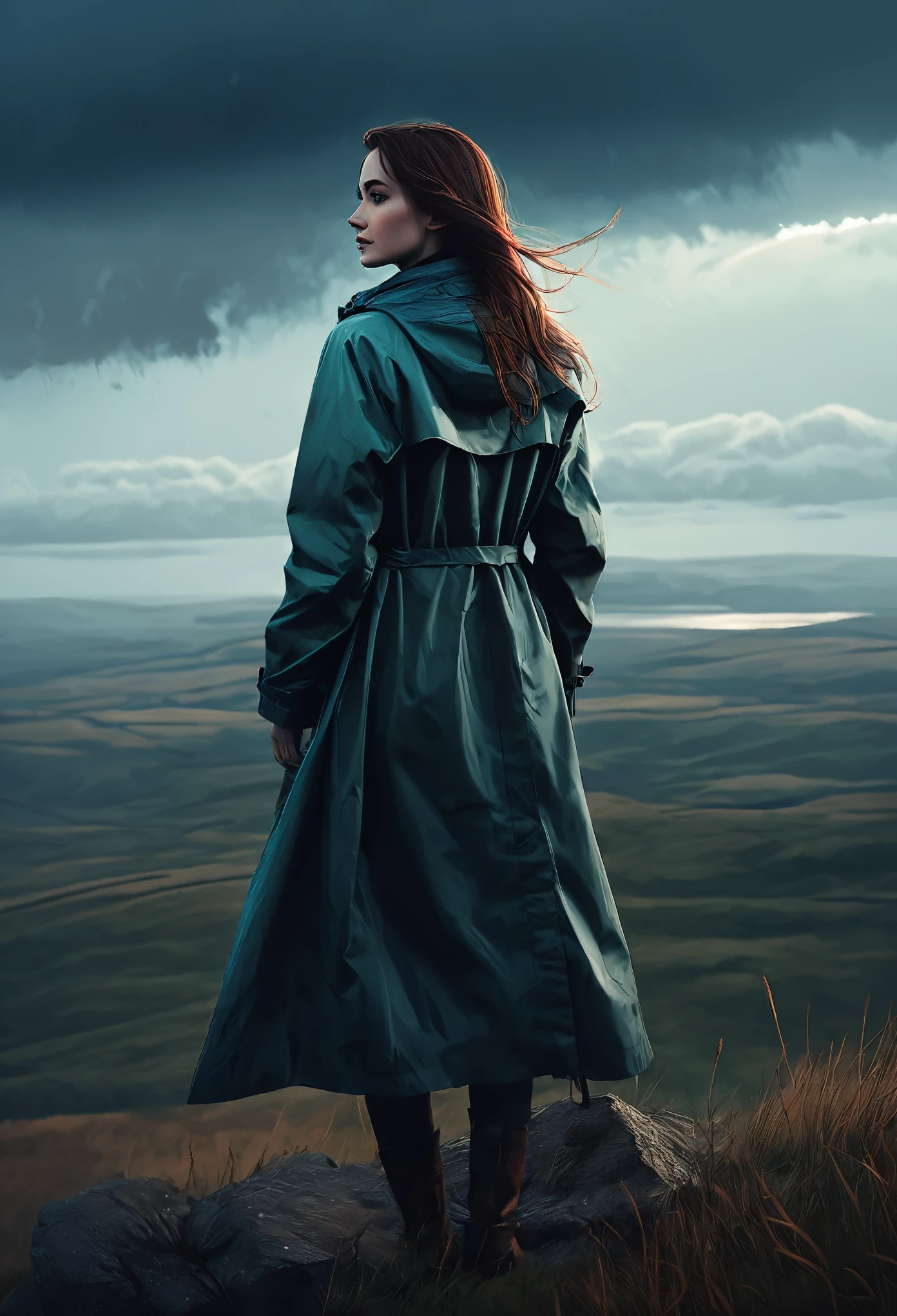 Image of a woman, standing on a hill and looking at the sky, in a raincoat with long hair, inspired by Yakub Shikaneder, Anato Finnsark and Alena Enami, Charlie Bowater: character art, Yuri Shvedoff and Tom Bagshaw, Charlie Bowater: art style, Stefan Koidl inspired.