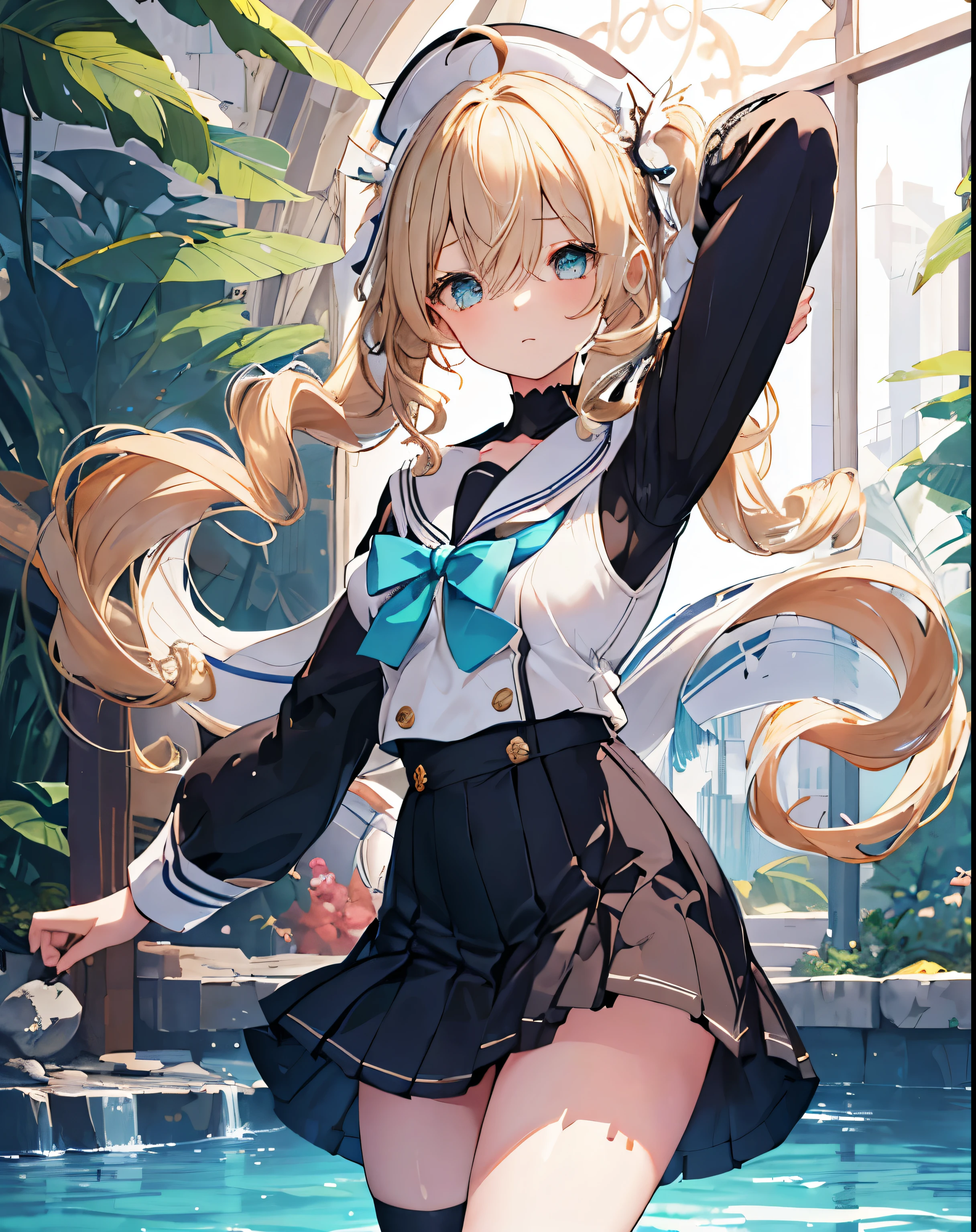 masterpiece,1girl, sparrow, a blonde haired girl, wearing a sailor uniform, black long skirt, curly long hair, messy hair, black bloomers, slim body, small breasts, she close her left eye, ****ppai, sad, beautiful breasts, rounded breasts, aqua eyes, dancing at oasis, ahoge, barbara, long sleeves