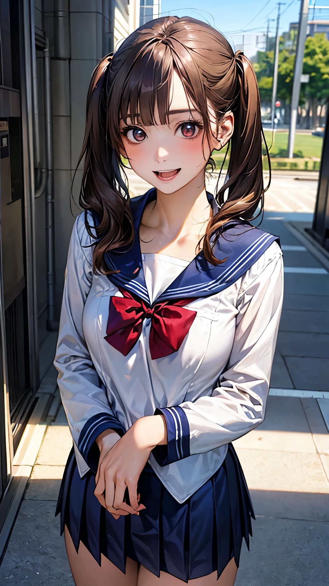 (masterpiece:1.2, top-quality), (realistic, photorealistic:1.4), beautiful illustration, (natural side lighting, movie lighting),
looking at viewer, cowboy shot, 1 girl, japanese, office worker, reception, perfect face, cute and symmetrical face, suntan, shiny skin,
(long hair, twintails, sidelocks, light brown hair), blunt bangs, brown eyes, long eye lasher, (large breasts), slender,
beautiful hair, beautiful face, beautiful detailed eyes, beautiful clavicle, beautiful body, beautiful chest, beautiful thigh, beautiful legs, beautiful fingers, (five fingers)
(detailed cloth texture, long sleeves navy sailor suit, navy pleated skirt, white sailor collar, red bowtie),
(beautiful scenery), summer, (school hallway), standing, (smile, open mouth),