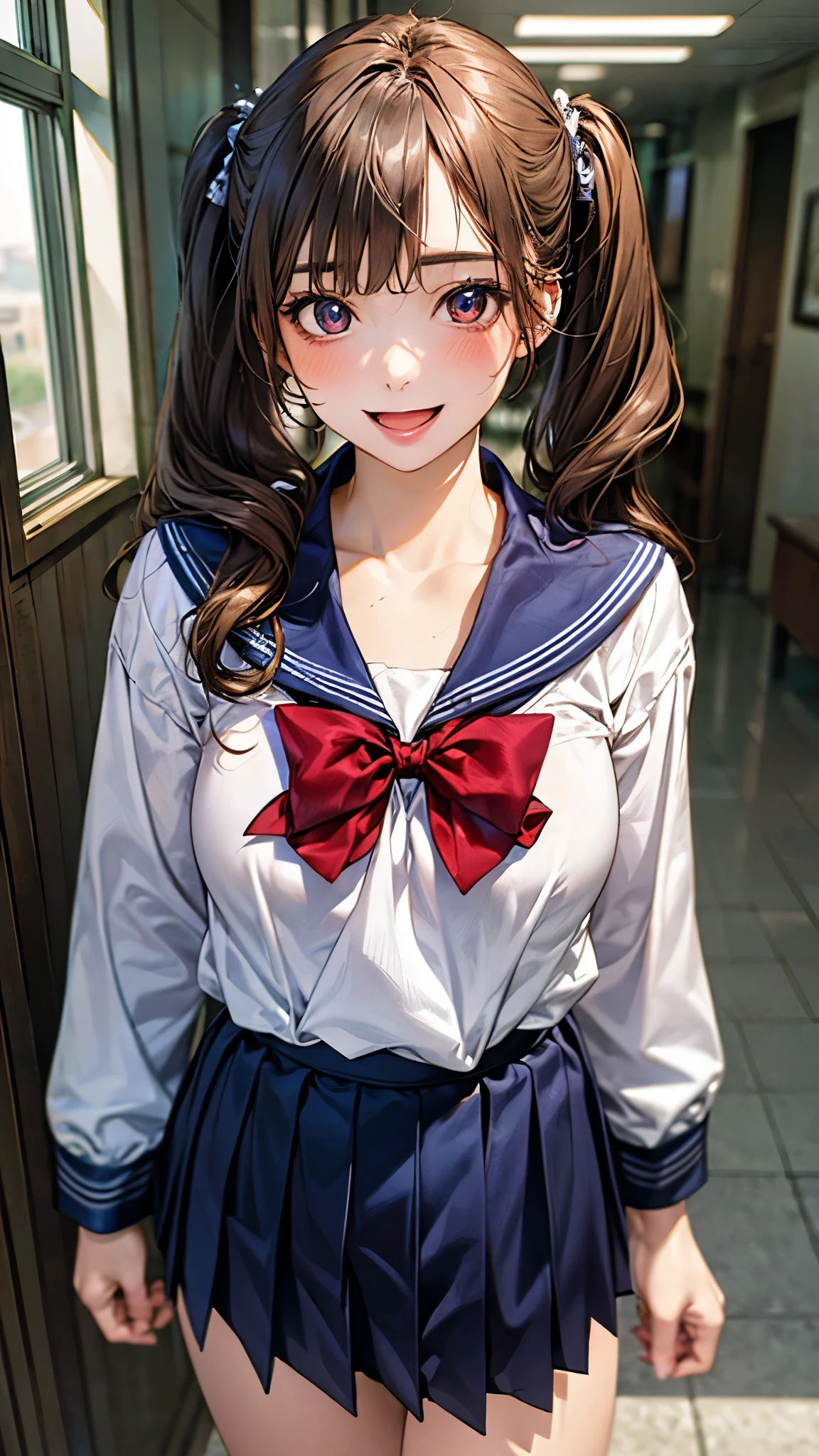 (masterpiece:1.2, top-quality), (realistic, photorealistic:1.4), beautiful illustration, (natural side lighting, movie lighting), 
looking at viewer, cowboy shot, 1 girl, japanese, office worker, reception, perfect face, cute and symmetrical face, suntan, shiny skin, 
(long hair, twintails, sidelocks, light brown hair), blunt bangs, brown eyes, long eye lasher, (large breasts), slender, 
beautiful hair, beautiful face, beautiful detailed eyes, beautiful clavicle, beautiful body, beautiful chest, beautiful thigh, beautiful legs, beautiful fingers, (five fingers)
(detailed cloth texture, long sleeves navy sailor suit, navy pleated skirt, white sailor collar, red bowtie), 
(beautiful scenery), summer, (school hallway), standing, (smile, open mouth),