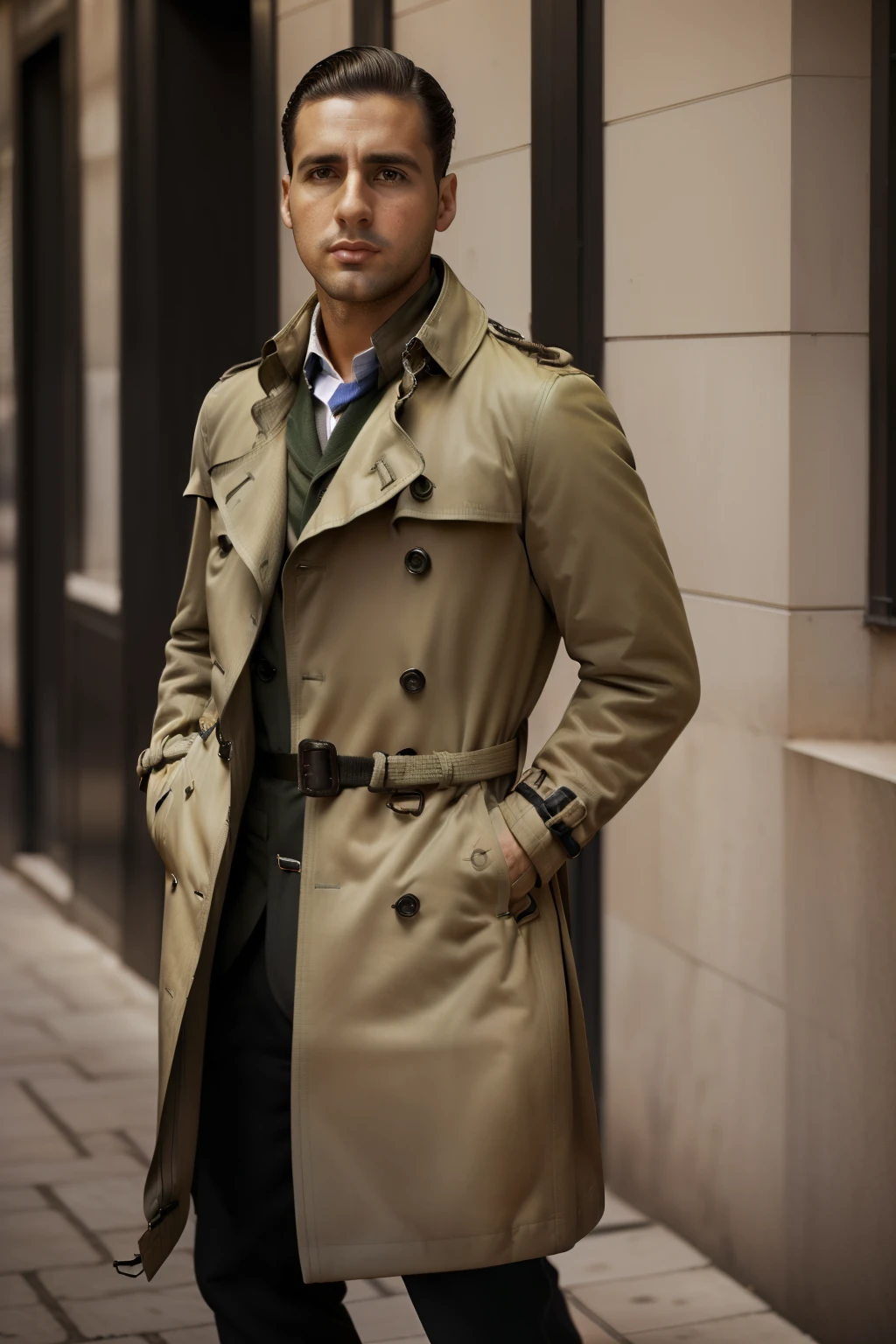Arafed man in a trench coat standing on a sidewalk - SeaArt AI