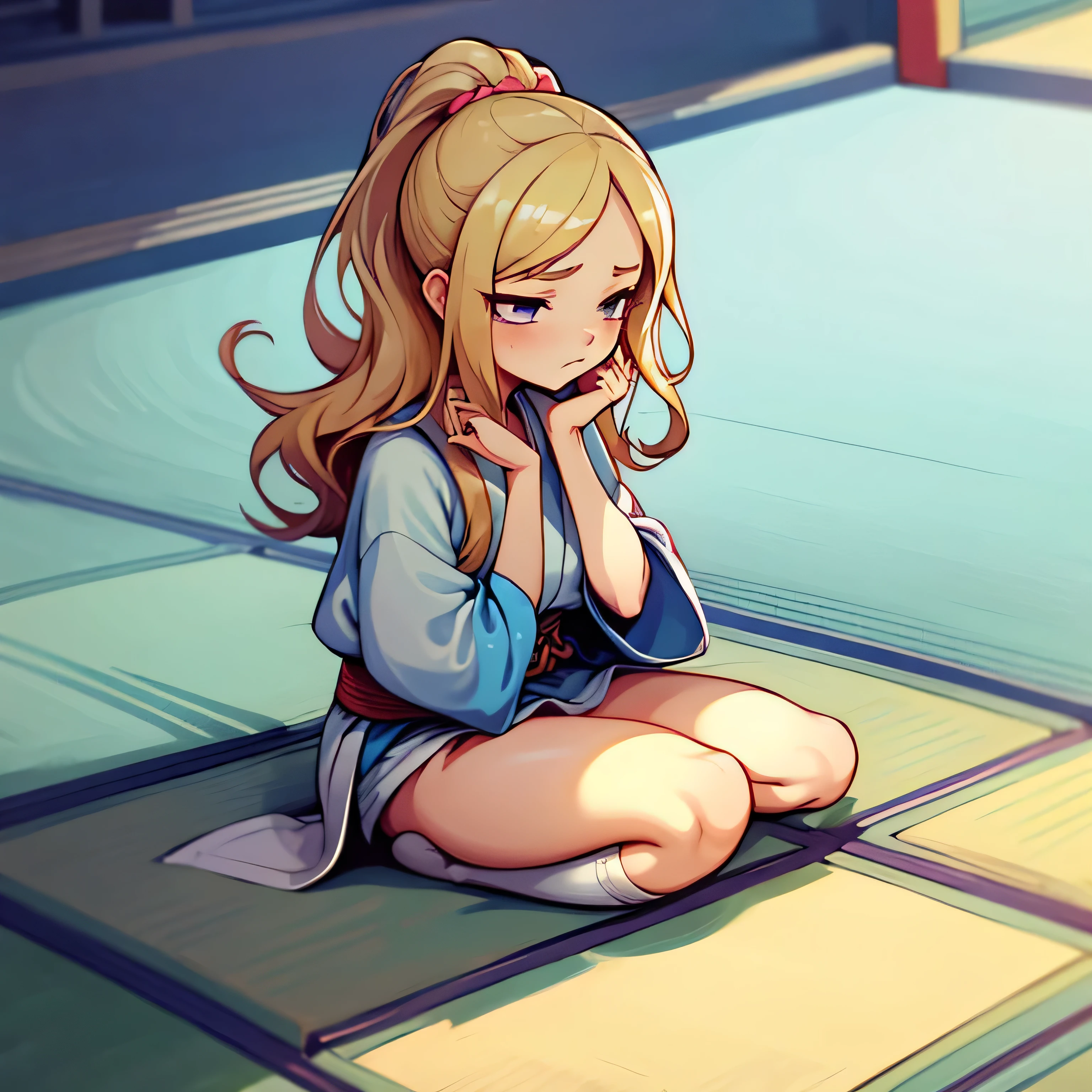 A blonde-haired caucasian queen is in a Japanese-style school with tatami mats. reality, masterpieces, cute, beautiful, slender, knee-high socks, Emotionless look on her face, pink panties