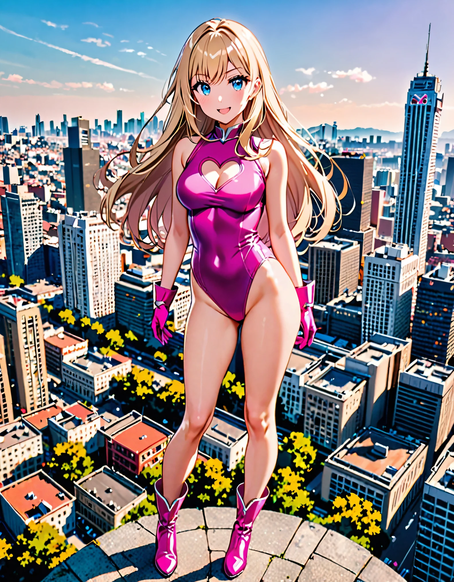 masterpiece, best quality, highres, 1girl, solo, superhero, leotard, bare legs, matching boots, sleeveless, looking at viewer, city backdrop, perfect hands, perfect eyes, perfect leotard, perfect legs, perfect arms, perfect fingers, medium breasts, pink leotard, standing, (blonde hair), long hair, knee boots, blue eyes, heart cutout, cute face, hair down, bangs, sleeveless, pink gloves, pink footwear, cleavage cutout, smile, full body with costume :d